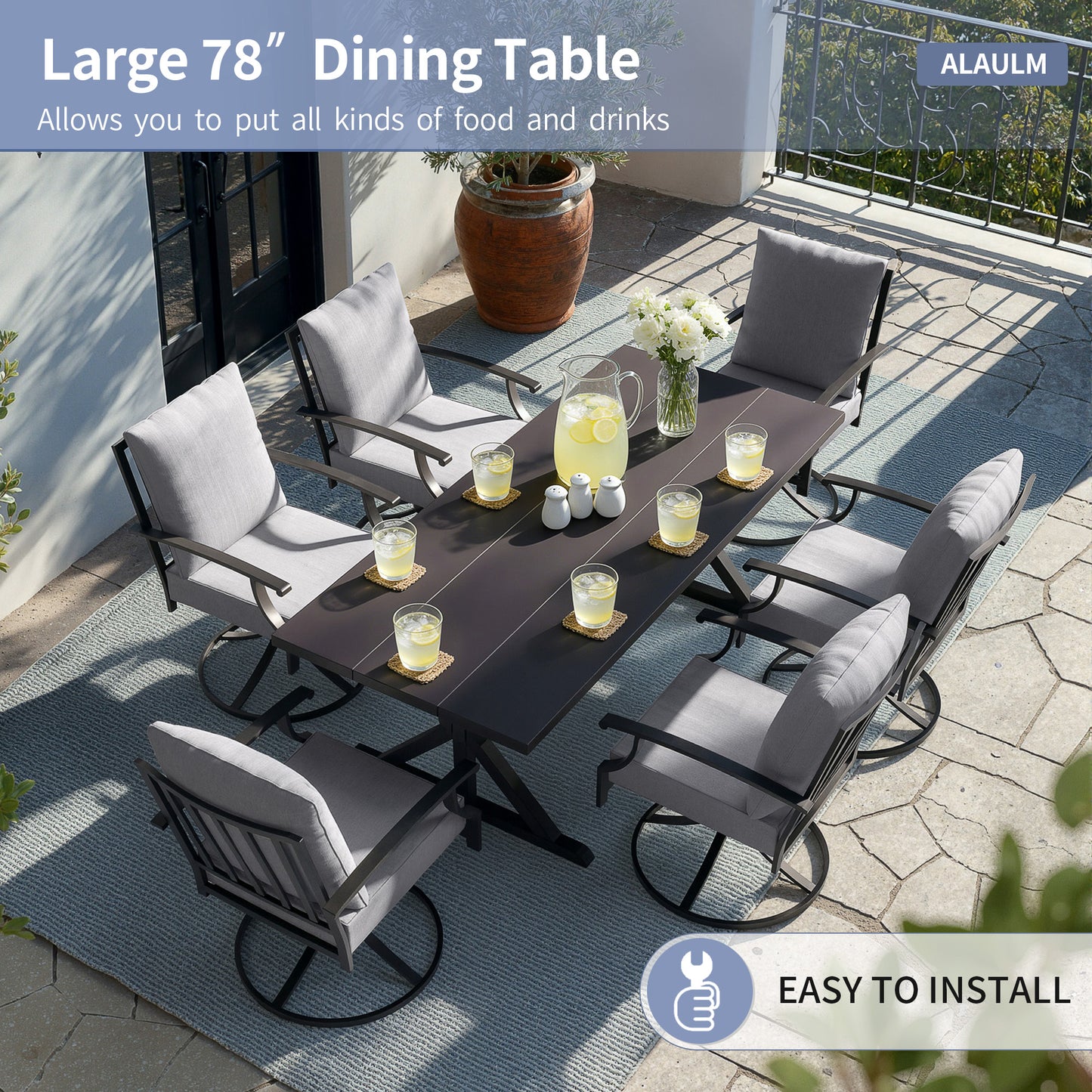 ALAULM 7PCS Patio Dining Set,Outdoor Metal Patio Furniture Set w/6 Swivel Rocking Chairs & Large Metal Table w/Umbrella Cutout for Garden,Backyard