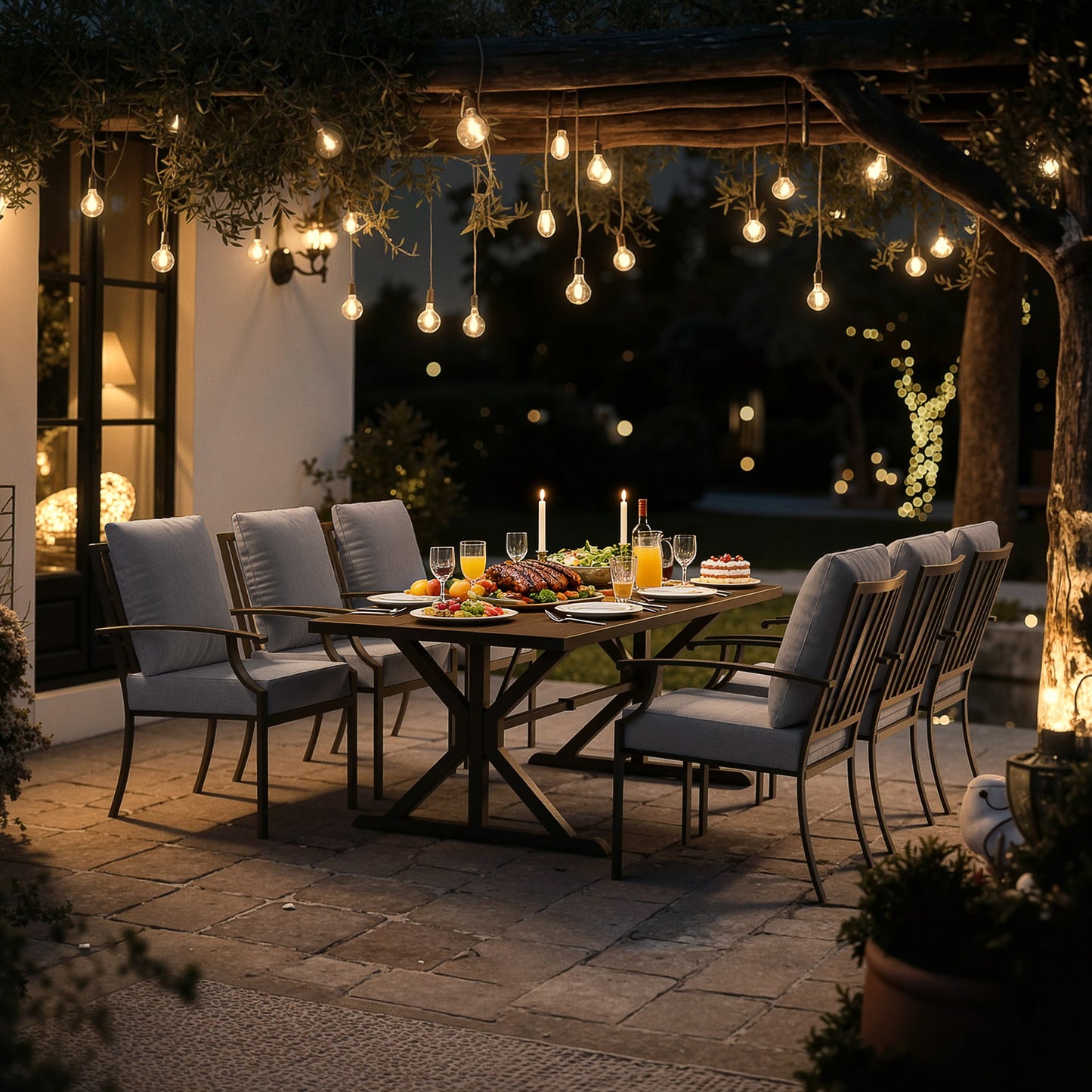 ALAULM 7PCS Patio Dining Set,Outdoor Metal Patio Furniture Set w/6 Fixed Chairs & Large Metal Table w/Umbrella Cutout for Garden,Backyard
