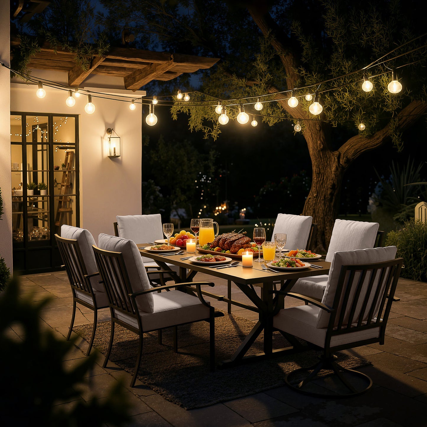 ALAULM 7 Pieces Patio Dining Set Outdoor Furniture with 2 Swivel Chairs and 4 Fixed Chairs, Large Table with Umbrella Cutout for Backyard