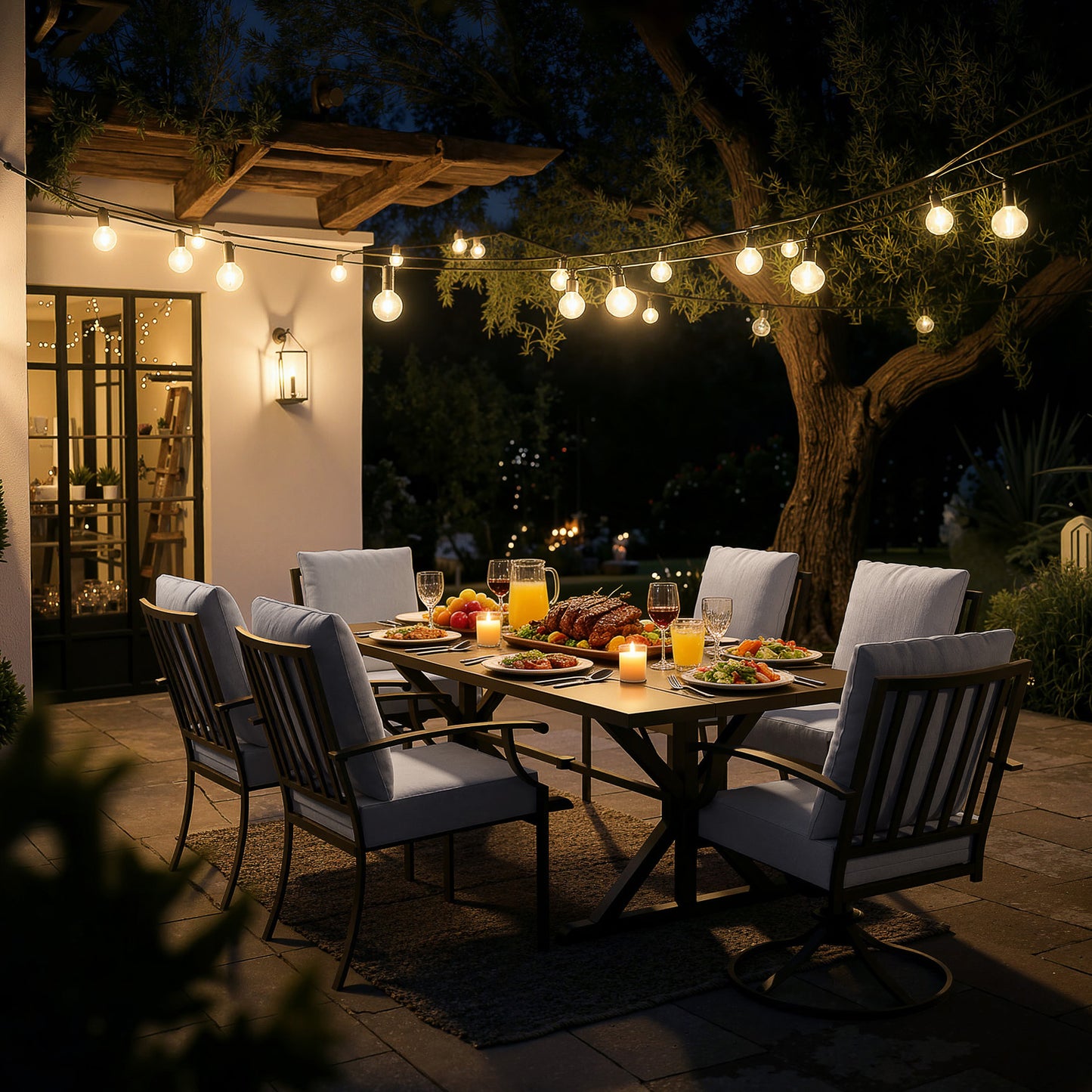 ALAULM 7 Pieces Patio Dining Set Outdoor Furniture with 2 Swivel Chairs and 4 Fixed Chairs, Large Table with Umbrella Cutout for Backyard