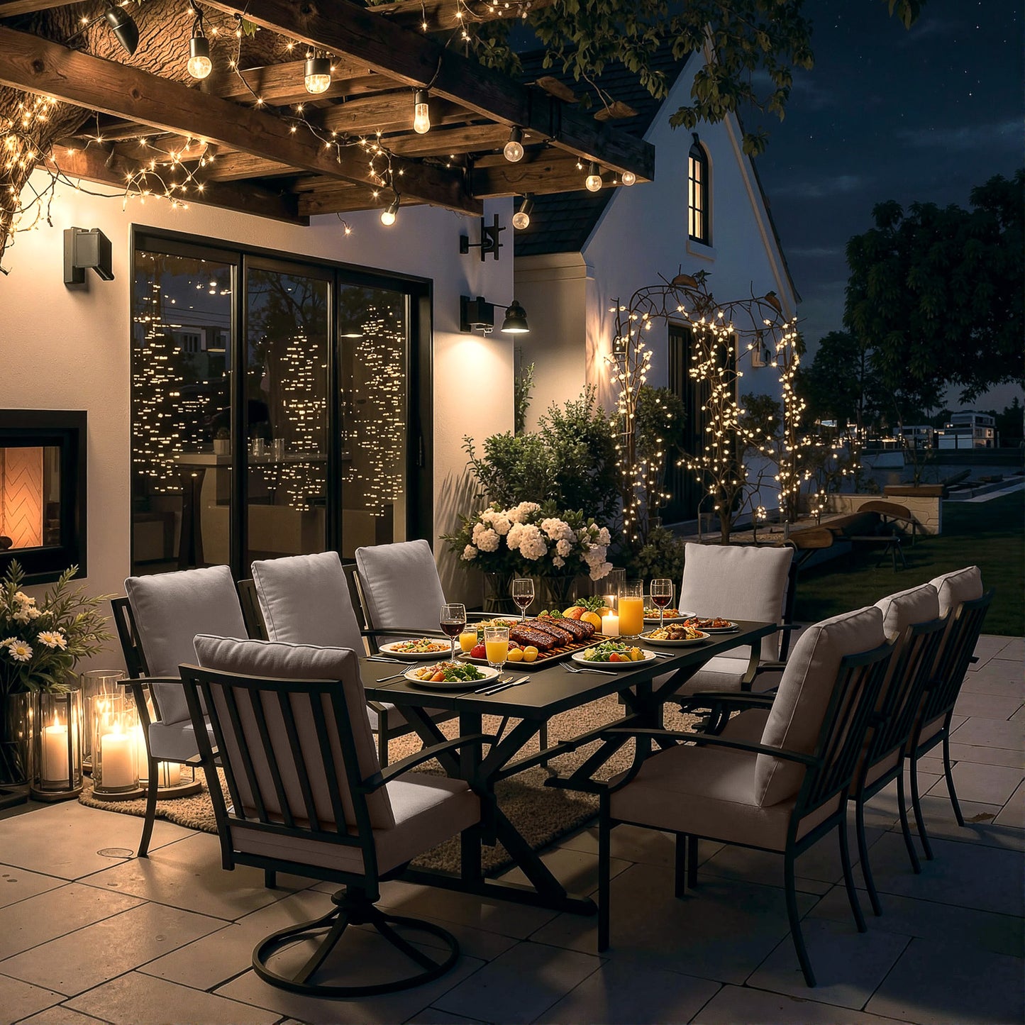 ALAULM 9 Pieces Patio Dining Set Outdoor Furniture with 2 Swivel Chairs and 6 Fixed Chairs, Large Table with Umbrella Cutout for Backyard