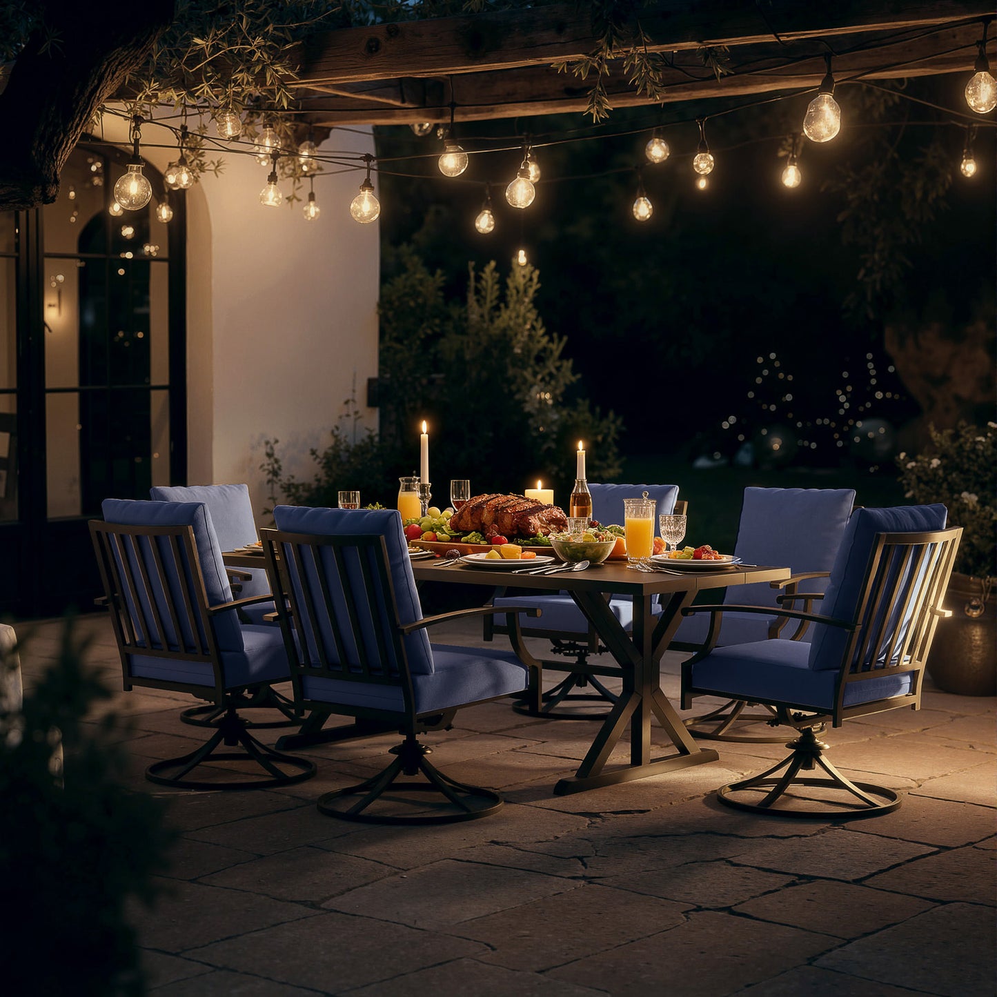 ALAULM 7PCS Patio Dining Set,Outdoor Metal Patio Furniture Set w/6 Swivel Rocking Chairs & Large Metal Table w/Umbrella Cutout for Garden,Backyard