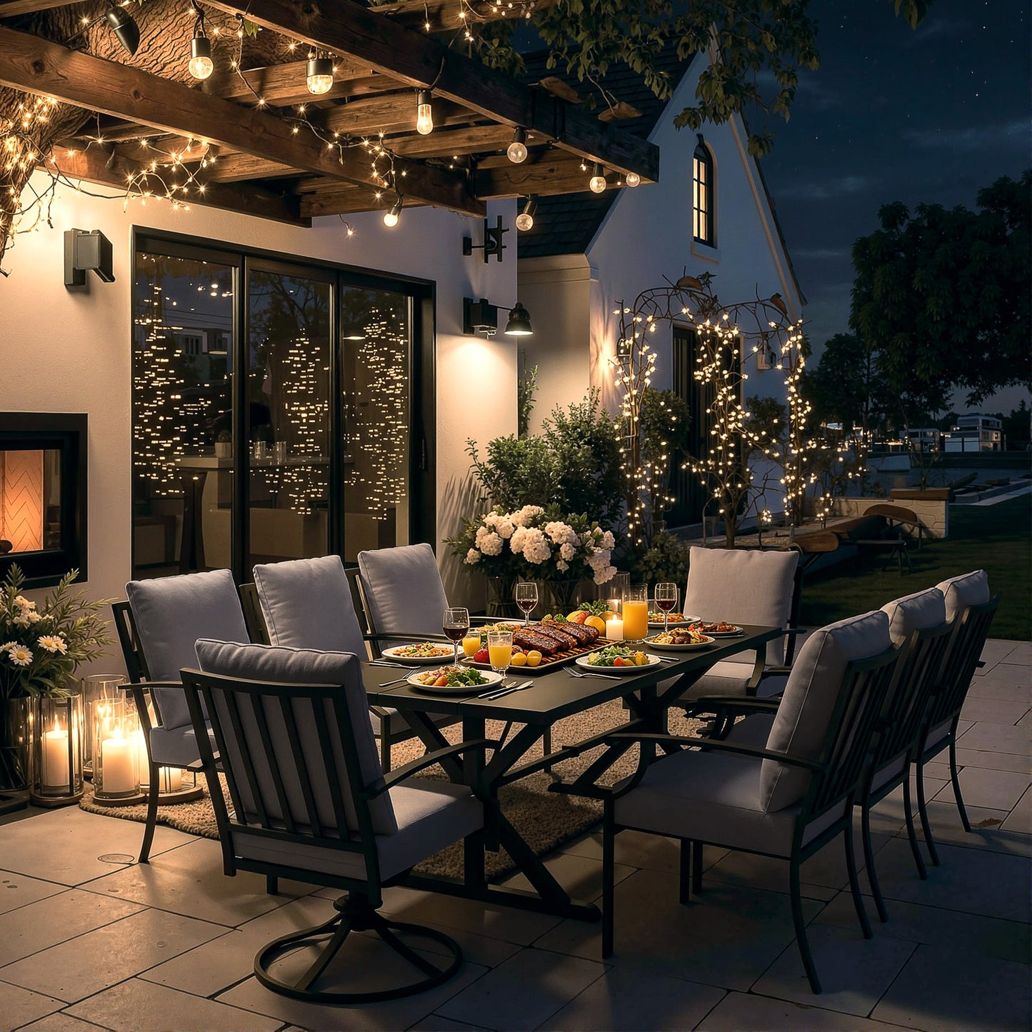 ALAULM 9 Pieces Patio Dining Set Outdoor Furniture with 2 Swivel Chairs and 6 Fixed Chairs, Large Table with Umbrella Cutout for Backyard