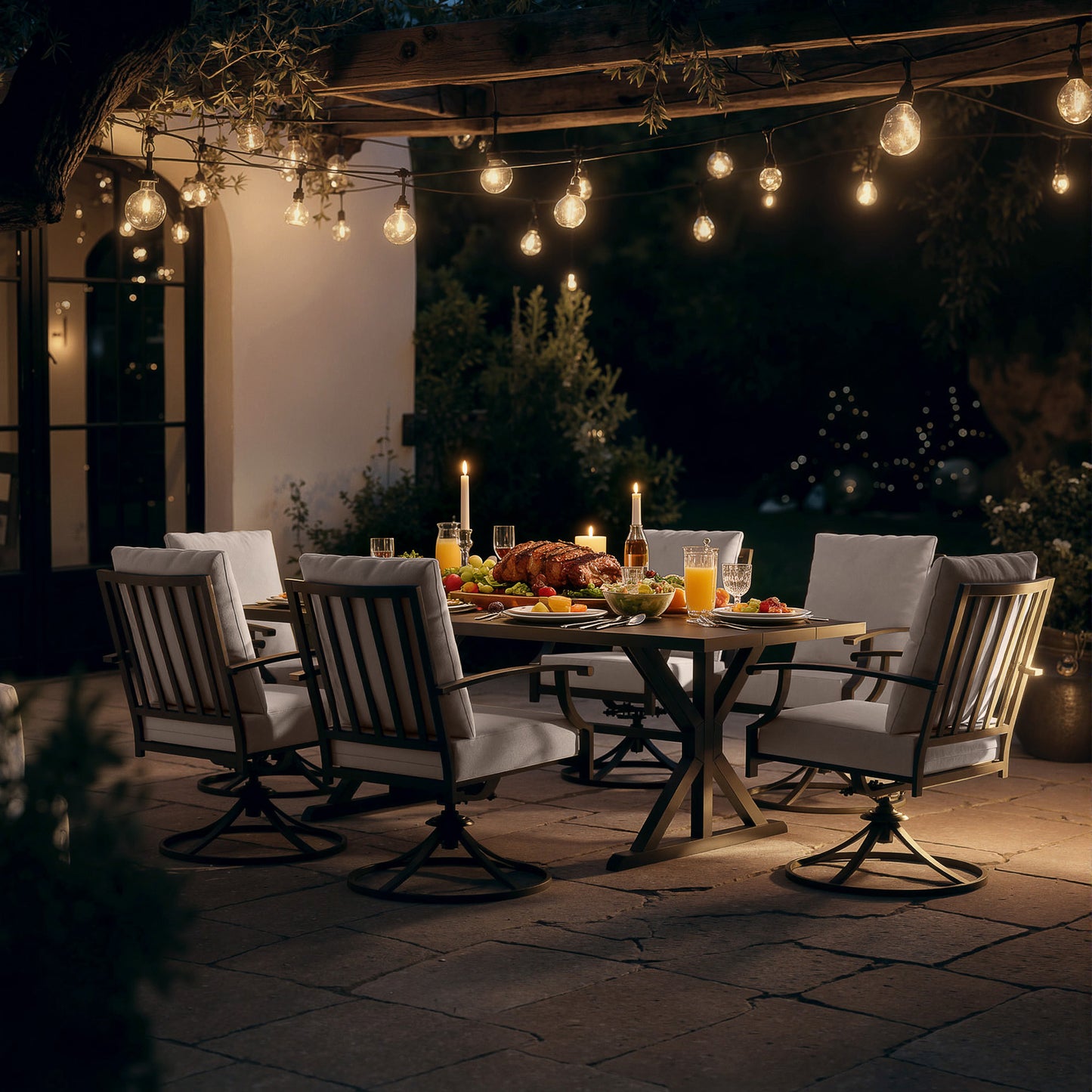 ALAULM 7PCS Patio Dining Set,Outdoor Metal Patio Furniture Set w/6 Swivel Rocking Chairs & Large Metal Table w/Umbrella Cutout for Garden,Backyard