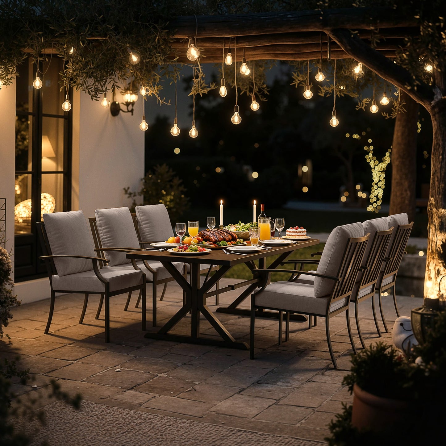 ALAULM 7PCS Patio Dining Set,Outdoor Metal Patio Furniture Set w/6 Fixed Chairs & Large Metal Table w/Umbrella Cutout for Garden,Backyard