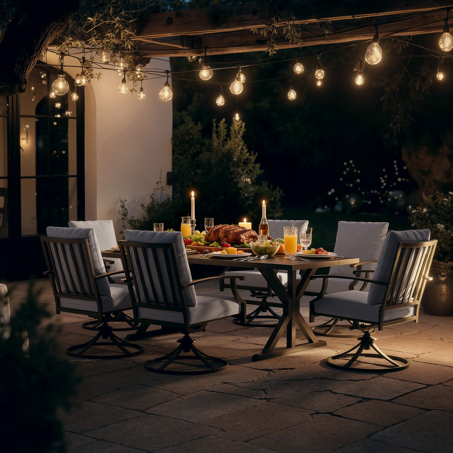 ALAULM 7PCS Patio Dining Set,Outdoor Metal Patio Furniture Set w/6 Swivel Rocking Chairs & Large Metal Table w/Umbrella Cutout for Garden,Backyard