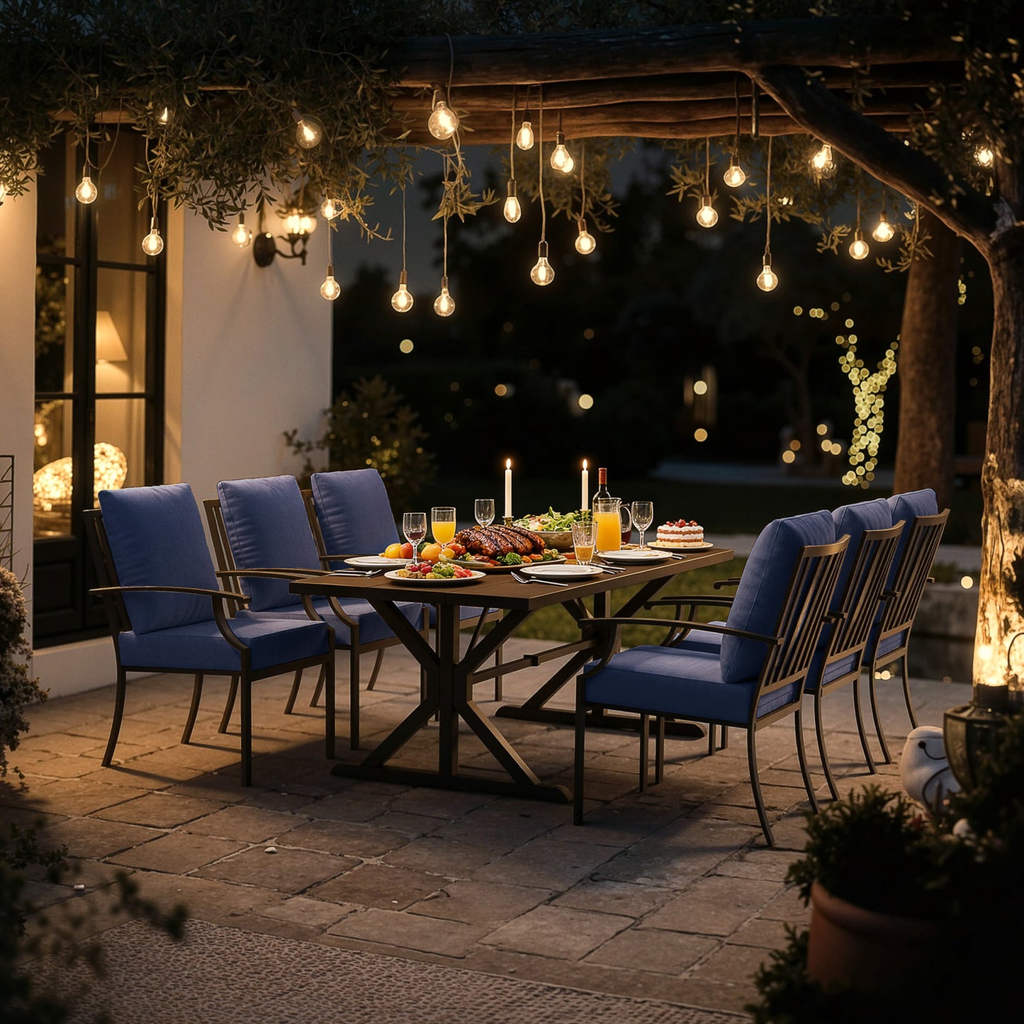 ALAULM 7PCS Patio Dining Set,Outdoor Metal Patio Furniture Set w/6 Fixed Chairs & Large Metal Table w/Umbrella Cutout for Garden,Backyard