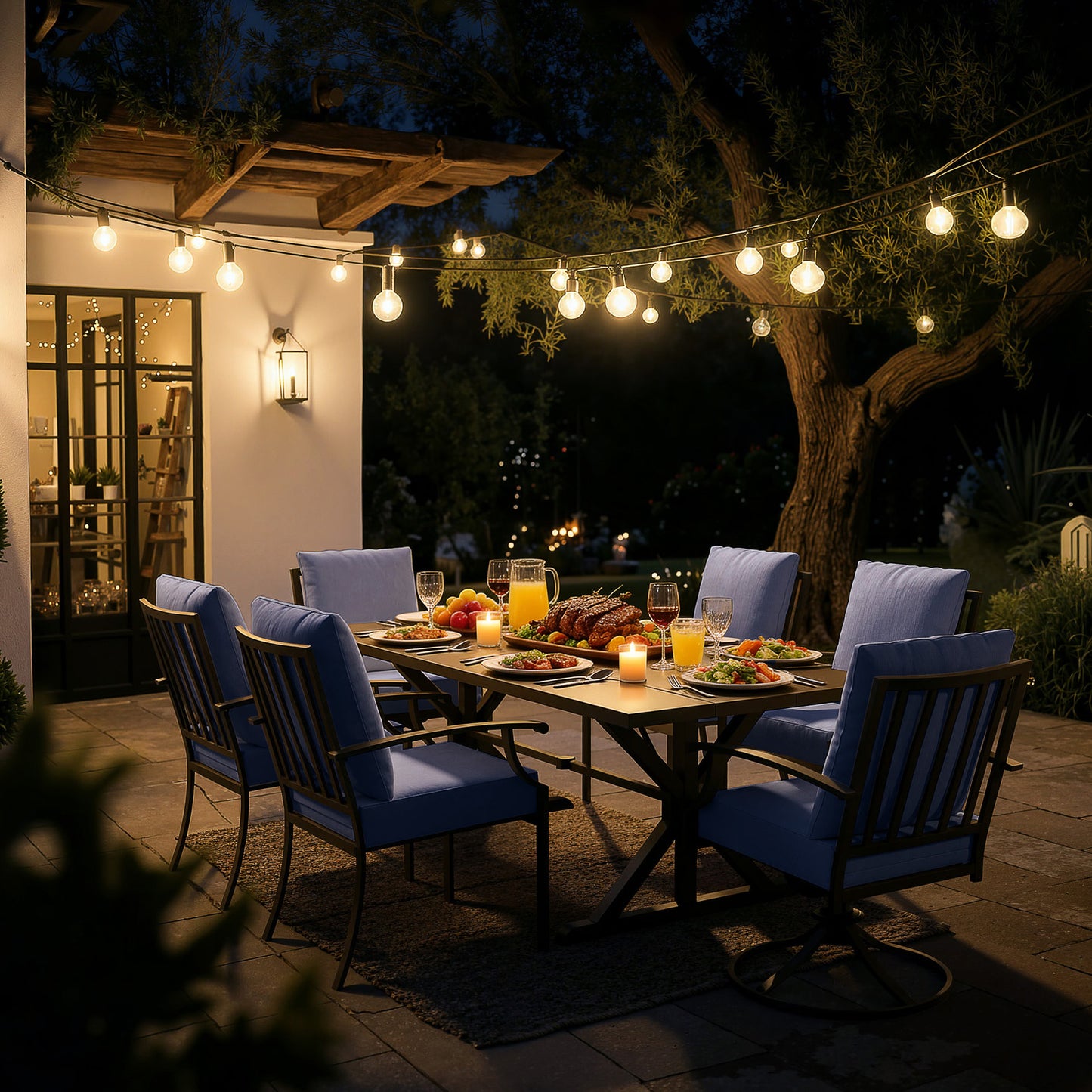 ALAULM 7 Pieces Patio Dining Set Outdoor Furniture with 2 Swivel Chairs and 4 Fixed Chairs, Large Table with Umbrella Cutout for Backyard
