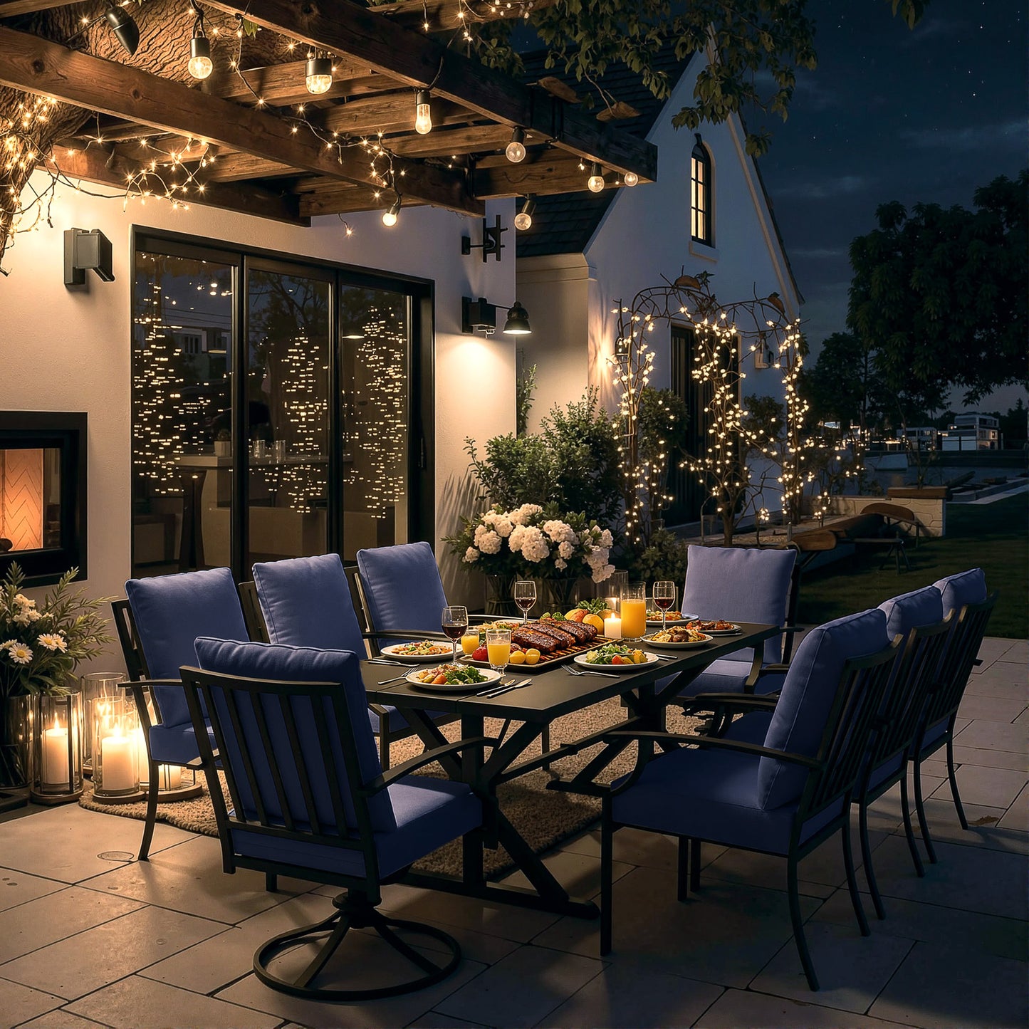 ALAULM 9 Pieces Patio Dining Set Outdoor Furniture with 2 Swivel Chairs and 6 Fixed Chairs, Large Table with Umbrella Cutout for Backyard