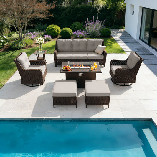 Gotland 7-Piece Outdoor Patio Furniture Set, 3-Seat Sofa, 2 Wicker Swivel Chairs, coffee Table, 2 Ottomans & Wicker Fire Pit Table, All-Weather Outdoor Set