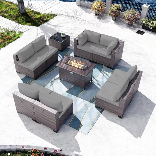 Gotland Outdoor Patio PE Rattan Wicker Furniture Set with 43" Propane Fire Pit Table 10 Pieces Steel