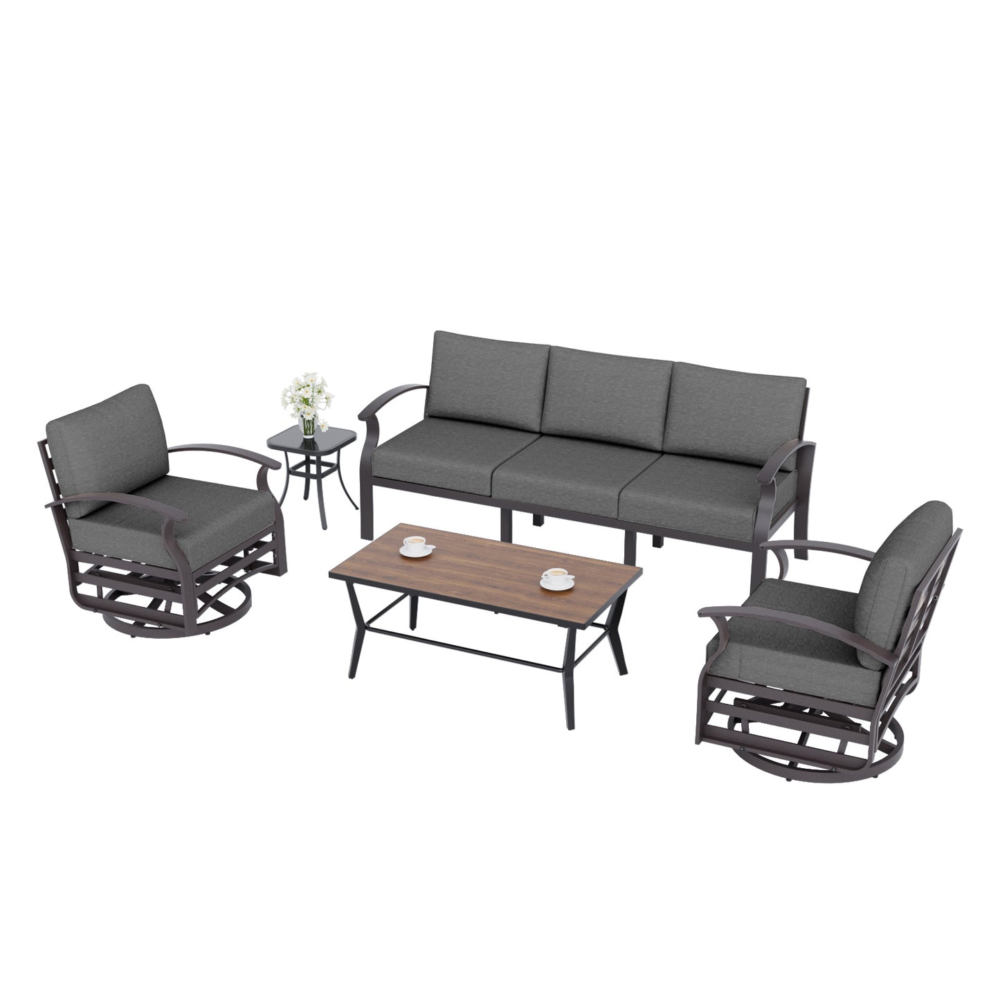 ALAULM Aluminum Patio Furniture Set with Coffee Table Rectangular, 5-seat Outdoor Sectional Furniture w/2 Swivel Chairs, Patio Conversation Set for Porch, Backyard, Poolside
