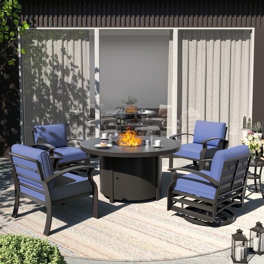 ALAULM 4-Seat Aluminum Patio Furniture Set, Outdoor Patio Conversation Set with Round Fire Pit Table and 5.1" Cushions for Patio Backyard Poolside