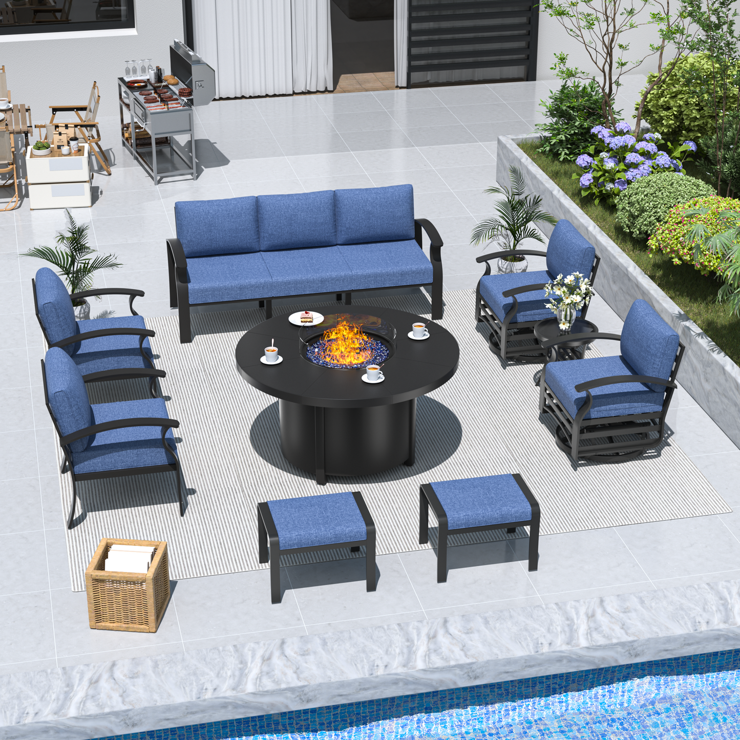 ALAULM Aluminium Patio Furniture Set with Swivel Chairs, 9-Seater Metal Outdoor Furniture Patio Sectional Sofas Patio Conversation Set with 2 swivel chairs For Patio, Backyard, Poolside