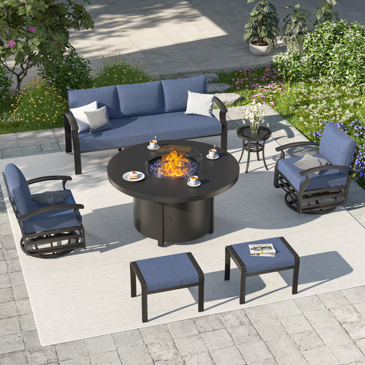 ALAULM Aluminium Patio Furniture Set with Swivel Chairs, 7-Seater Metal Outdoor Furniture Patio Sectional Sofas Patio Conversation Set with 2 Ottomans For Patio, Backyard, Poolside