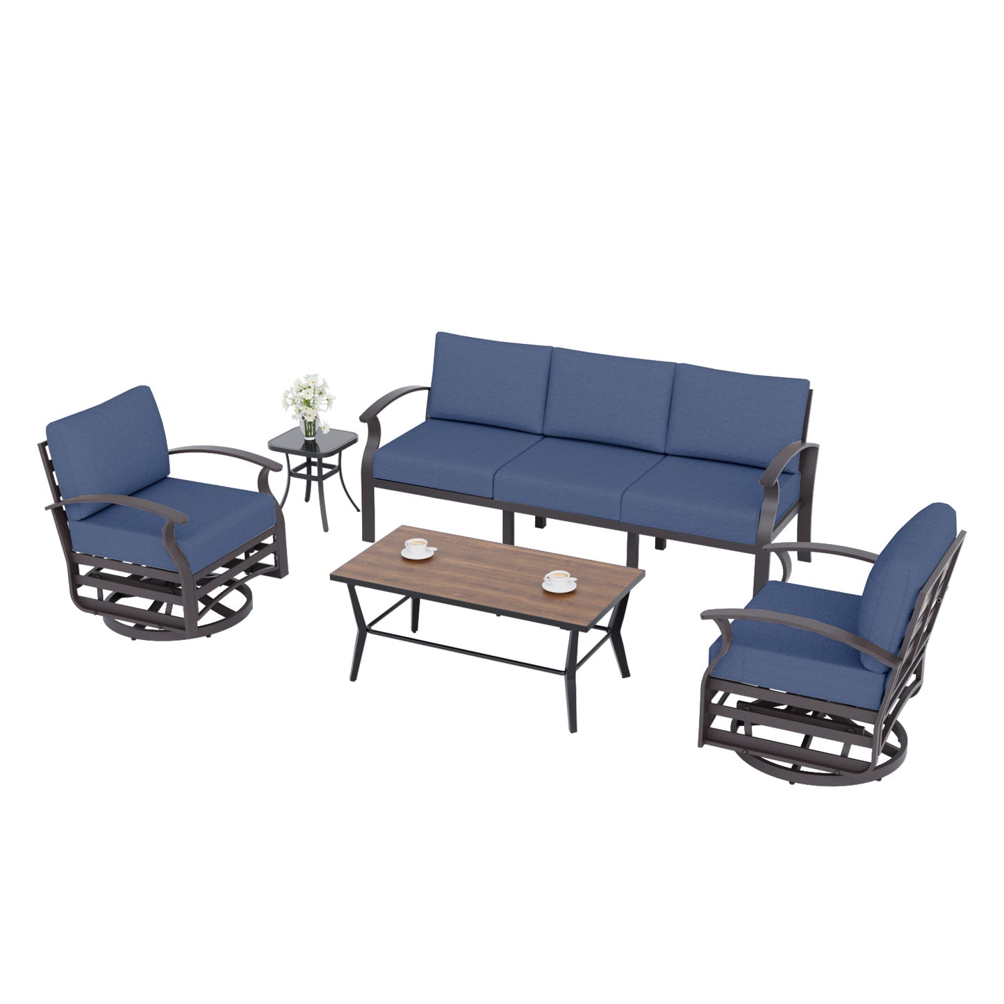ALAULM Aluminum Patio Furniture Set with Coffee Table Rectangular, 5-seat Outdoor Sectional Furniture w/2 Swivel Chairs, Patio Conversation Set for Porch, Backyard, Poolside