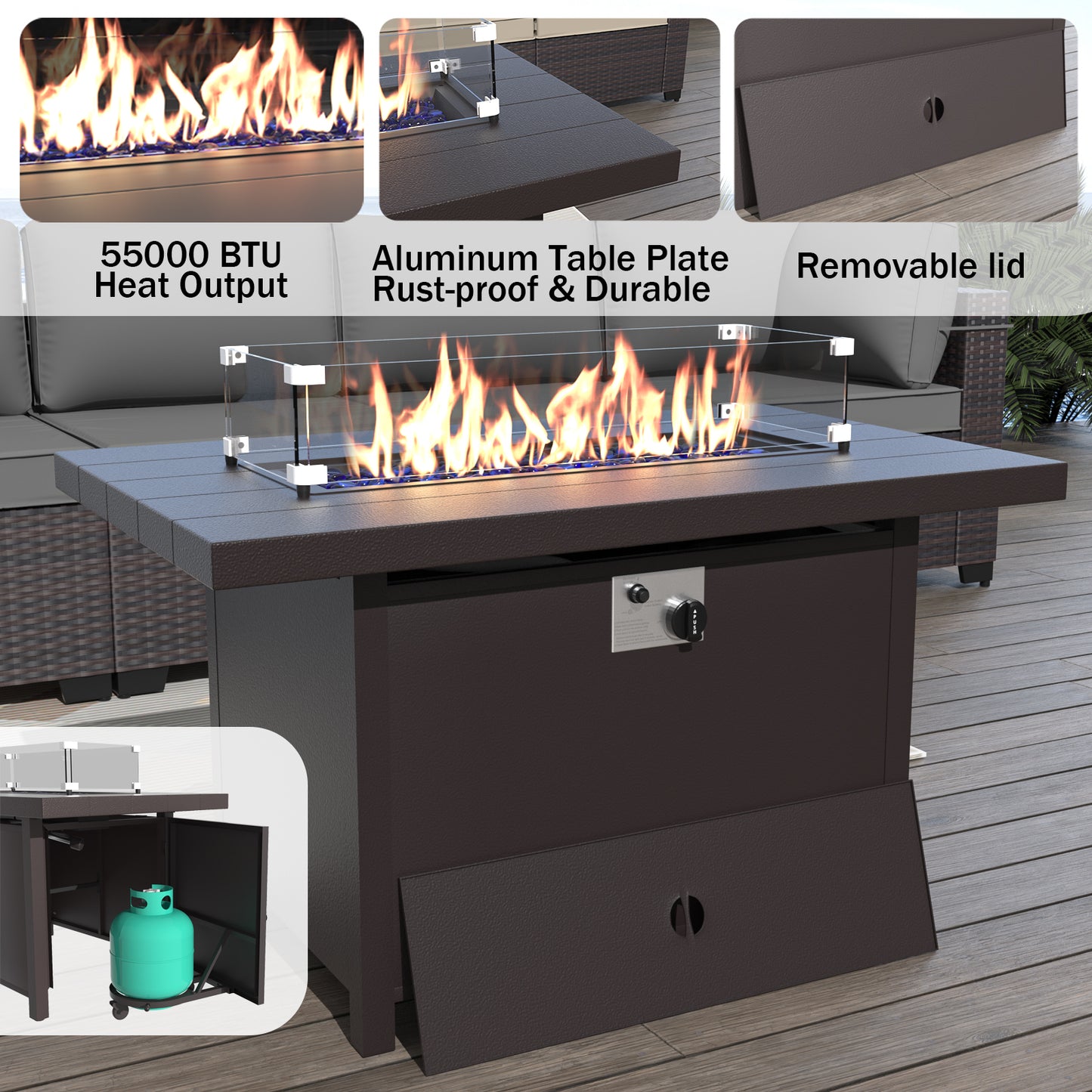 ALAULM 8 Pcs Patio Furniture Set withStainless Steel Gas Fire Pit Table, Brown/Blue
