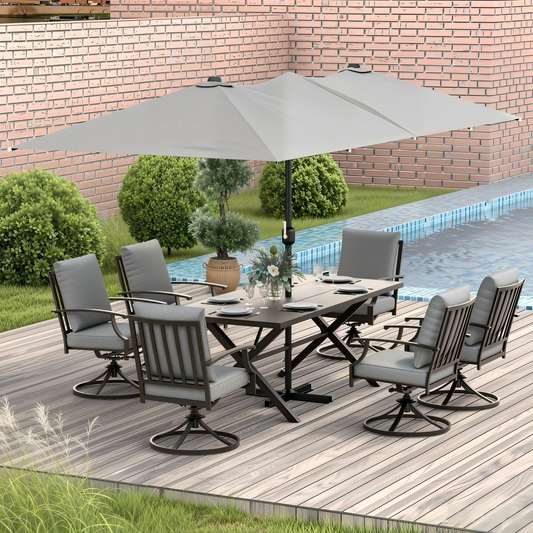 Gotland 8PCS Outdoor Patio Dining Set with 13.6ft Double-Sided Patio Umbrella, Patio Table and Chairs Metal Outdoor Patio Furniture Set, Dining Table Set with 6 Swivel Chairs