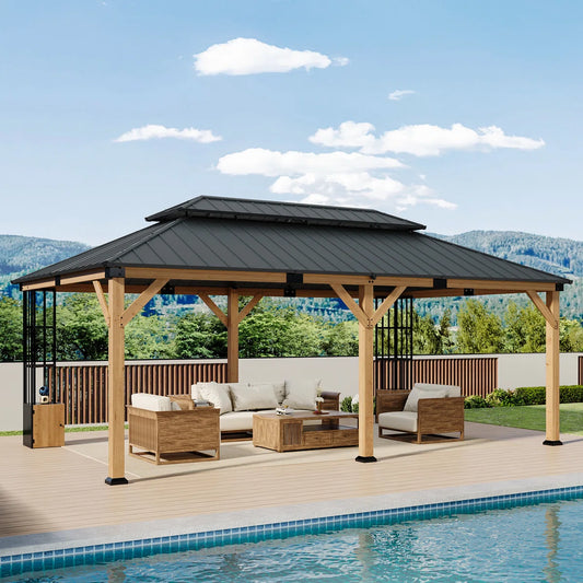 ALAULM 12×20 ft Solid Wood Gazebo, Grill Canopy Pergola, Featuring Double-Layer Iron Roof, Storage Cupboard and Ground Anchors