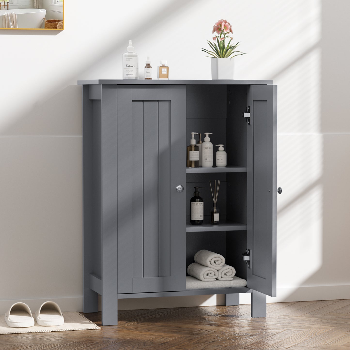 Farmhouse Bathroom Floor Cabinet with 2 Doors, Modern Storage Freestanding Organizer Cabinet with Adjustable Shelves, Small Bathroom Cabinet for Kitchen/Bathroom/Living Room, Black
