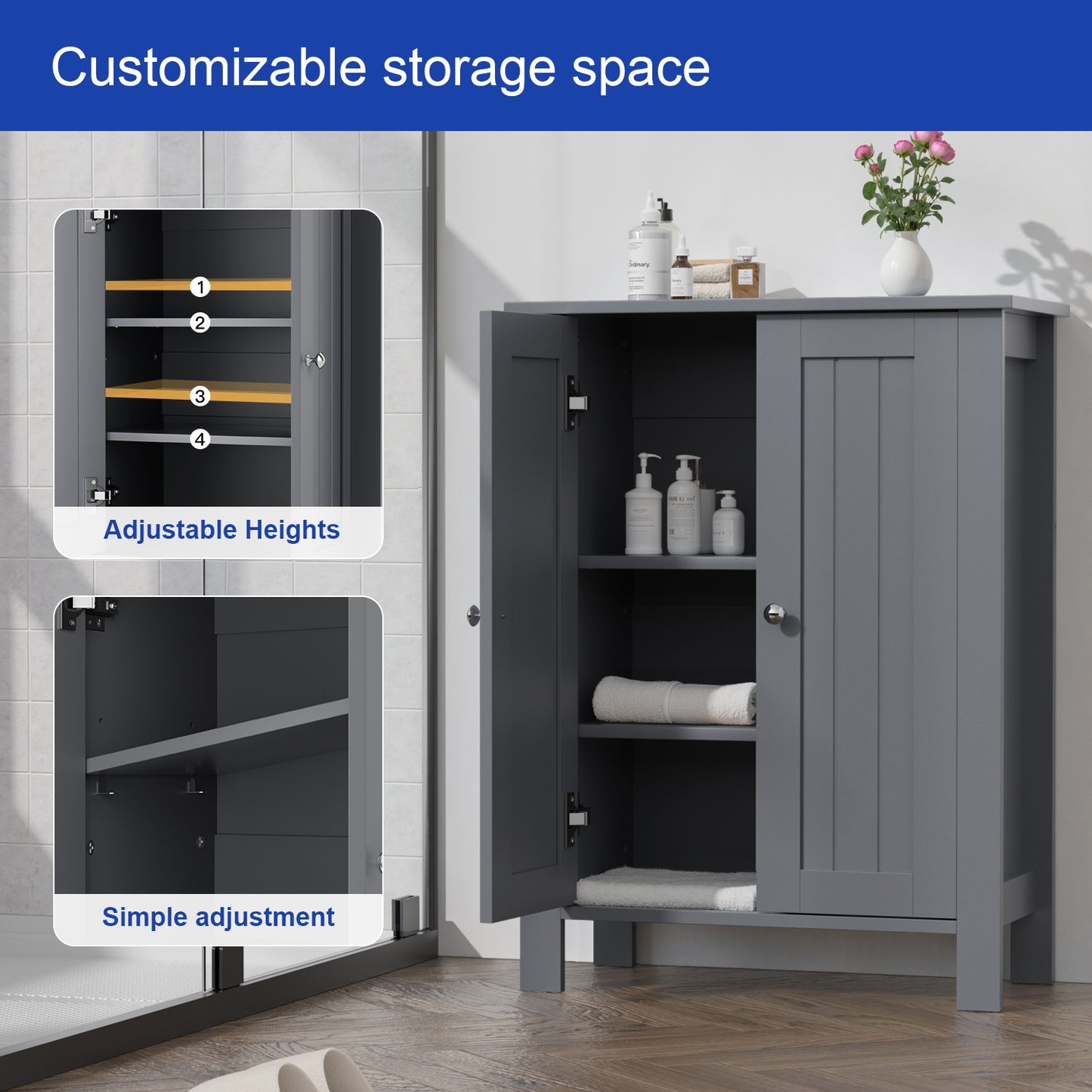 Farmhouse Bathroom Floor Cabinet with 2 Doors, Modern Storage Freestanding Organizer Cabinet with Adjustable Shelves, Small Bathroom Cabinet for Kitchen/Bathroom/Living Room, Black