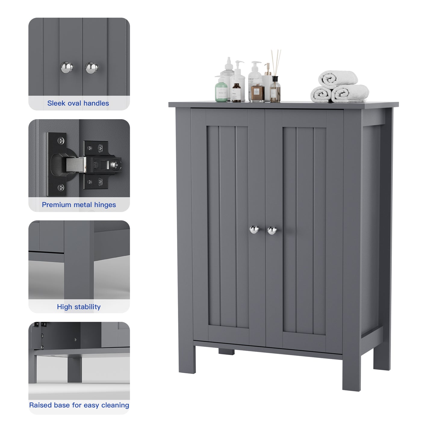 Farmhouse Bathroom Floor Cabinet with 2 Doors, Modern Storage Freestanding Organizer Cabinet with Adjustable Shelves, Small Bathroom Cabinet for Kitchen/Bathroom/Living Room, Black