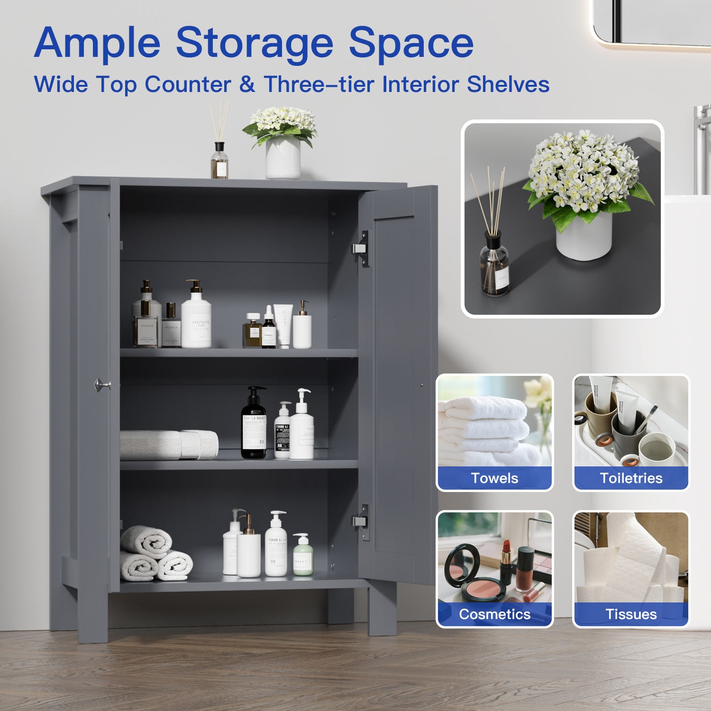 Farmhouse Bathroom Floor Cabinet with 2 Doors, Modern Storage Freestanding Organizer Cabinet with Adjustable Shelves, Small Bathroom Cabinet for Kitchen/Bathroom/Living Room, Black