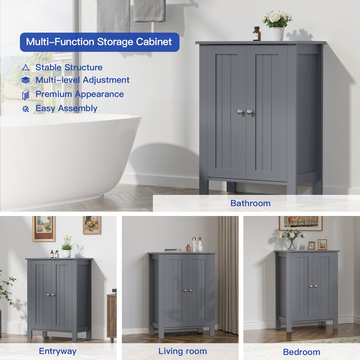 Farmhouse Bathroom Floor Cabinet with 2 Doors, Modern Storage Freestanding Organizer Cabinet with Adjustable Shelves, Small Bathroom Cabinet for Kitchen/Bathroom/Living Room, Black
