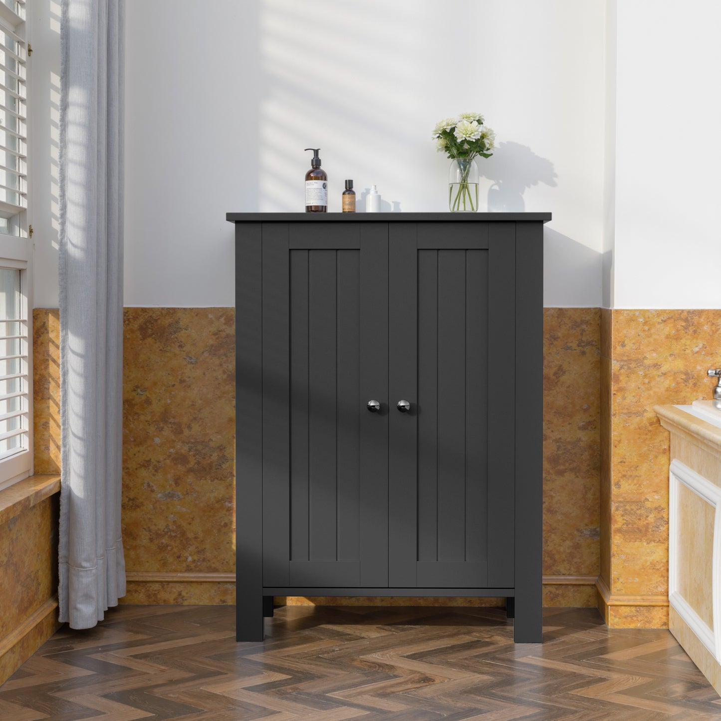 Farmhouse Bathroom Floor Cabinet with 2 Doors, Modern Storage Freestanding Organizer Cabinet with Adjustable Shelves, Small Bathroom Cabinet for Kitchen/Bathroom/Living Room, Black