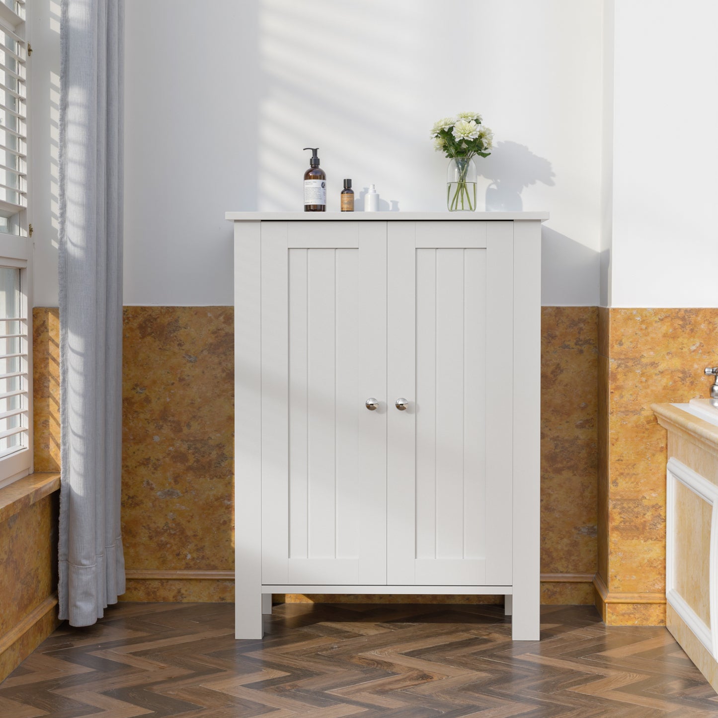 Farmhouse Bathroom Floor Cabinet with 2 Doors, Modern Storage Freestanding Organizer Cabinet with Adjustable Shelves, Small Bathroom Cabinet for Kitchen/Bathroom/Living Room, Black