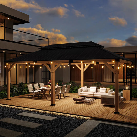 ALAULM 12×20 ft Solid Wood Gazebo, Grill Canopy Pergola, Featuring Double-Layer Iron Roof, Storage Cupboard and Ground Anchors