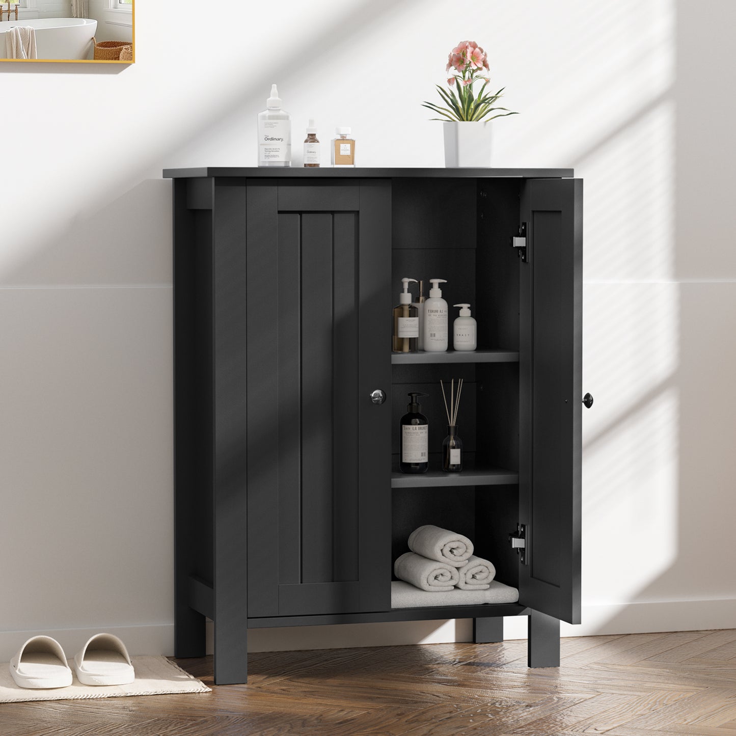 Farmhouse Bathroom Floor Cabinet with 2 Doors, Modern Storage Freestanding Organizer Cabinet with Adjustable Shelves, Small Bathroom Cabinet for Kitchen/Bathroom/Living Room, Black