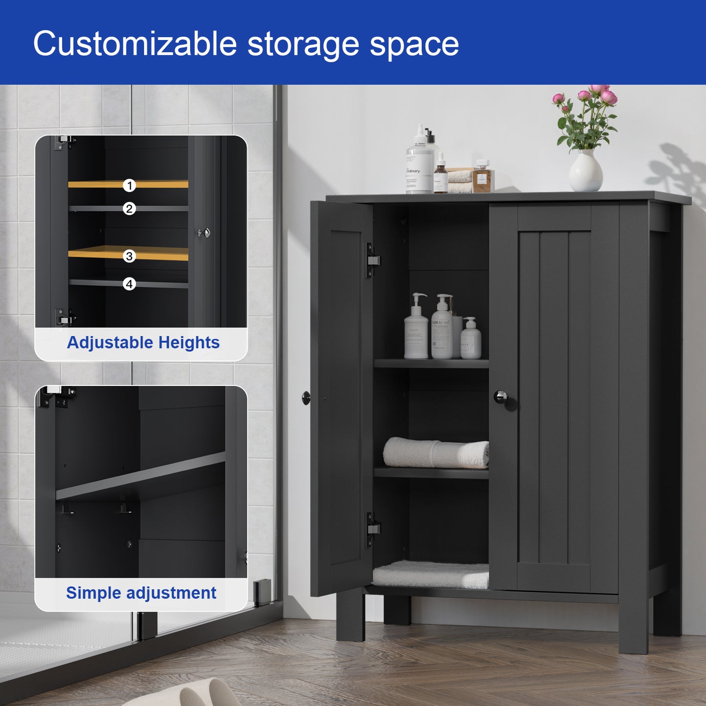Farmhouse Bathroom Floor Cabinet with 2 Doors, Modern Storage Freestanding Organizer Cabinet with Adjustable Shelves, Small Bathroom Cabinet for Kitchen/Bathroom/Living Room, Black