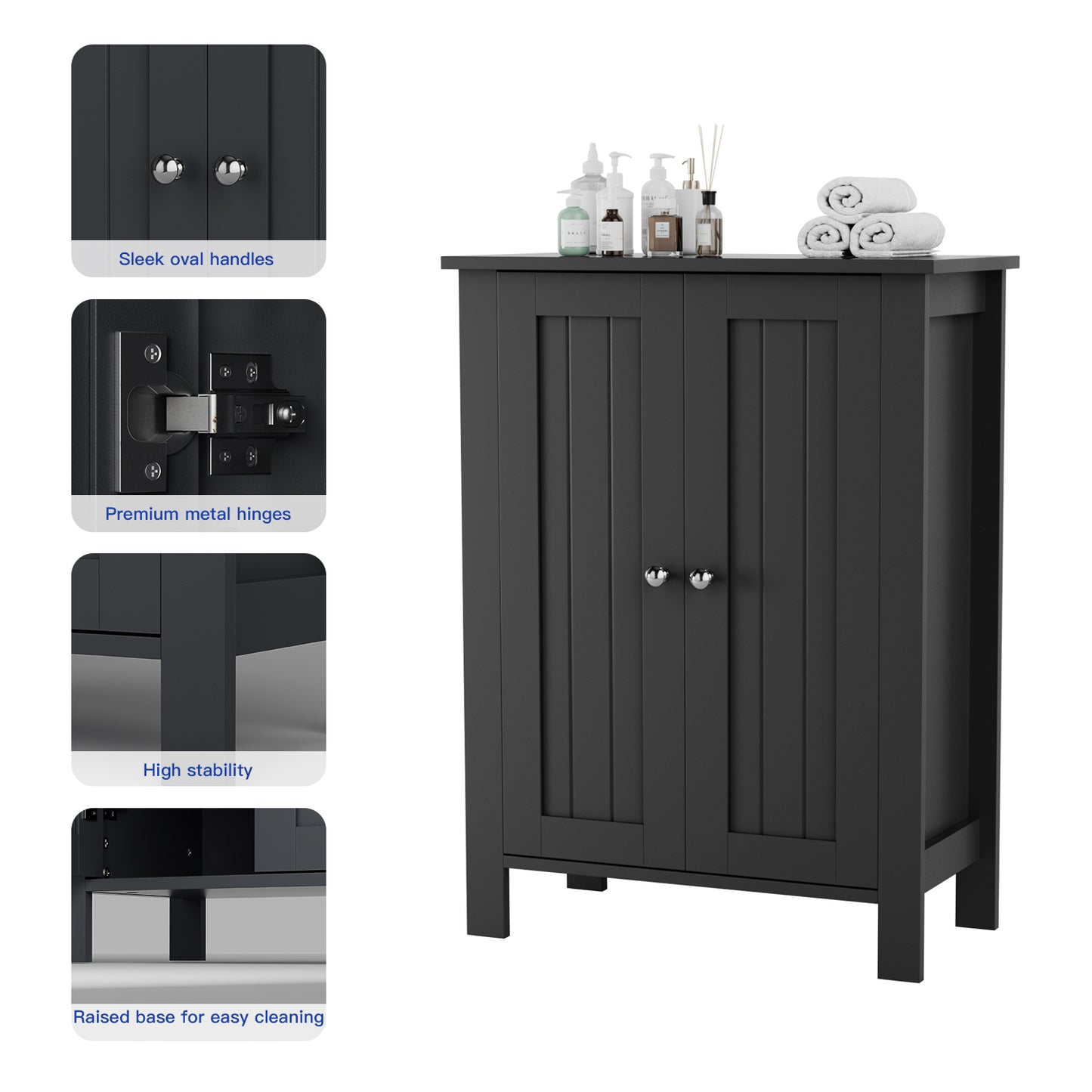 Farmhouse Bathroom Floor Cabinet with 2 Doors, Modern Storage Freestanding Organizer Cabinet with Adjustable Shelves, Small Bathroom Cabinet for Kitchen/Bathroom/Living Room, Black