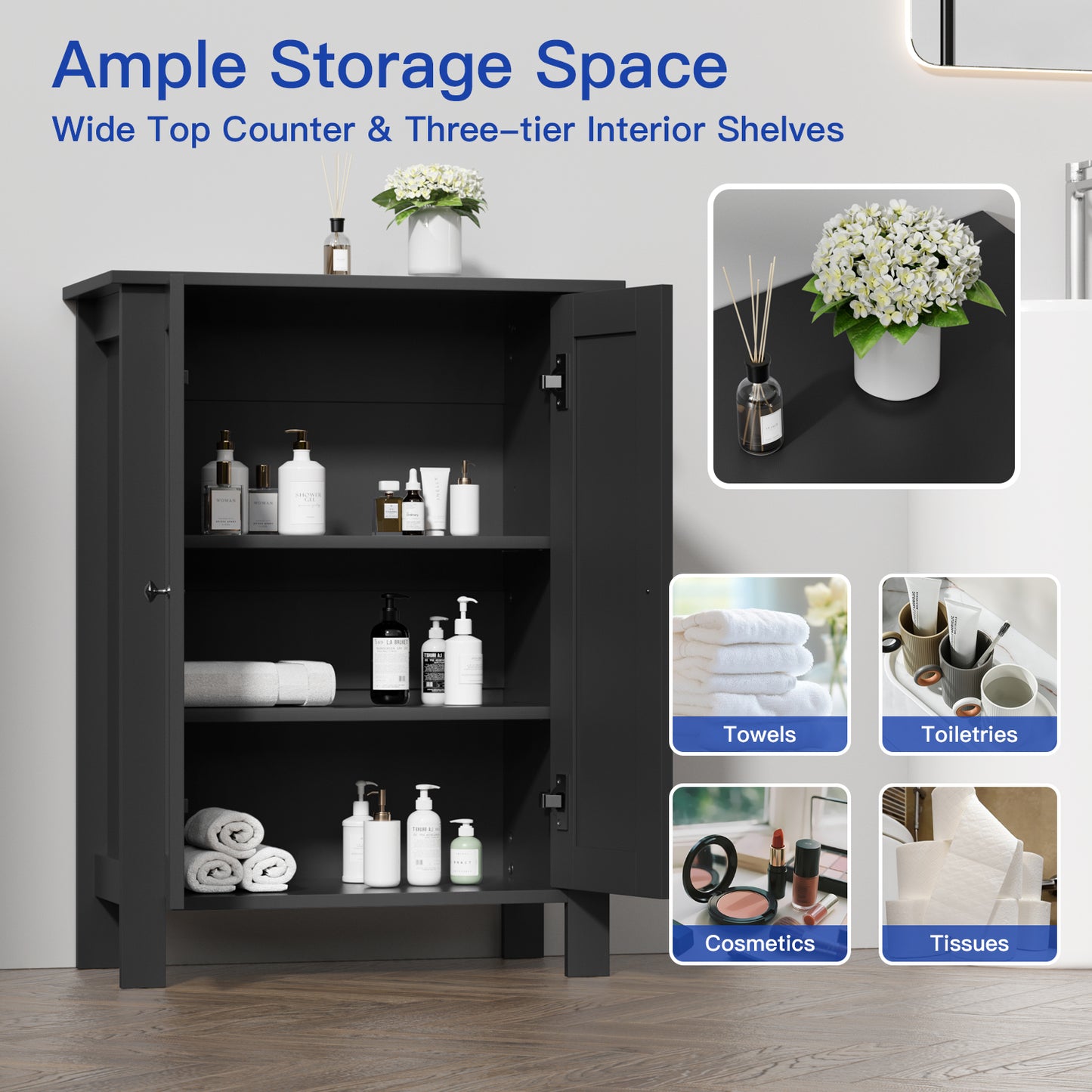 Farmhouse Bathroom Floor Cabinet with 2 Doors, Modern Storage Freestanding Organizer Cabinet with Adjustable Shelves, Small Bathroom Cabinet for Kitchen/Bathroom/Living Room, Black