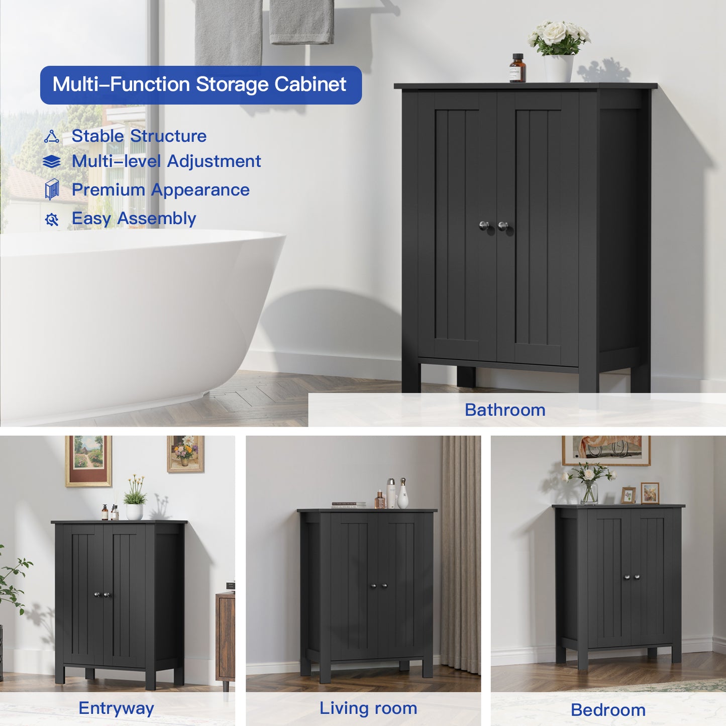 Farmhouse Bathroom Floor Cabinet with 2 Doors, Modern Storage Freestanding Organizer Cabinet with Adjustable Shelves, Small Bathroom Cabinet for Kitchen/Bathroom/Living Room, Black