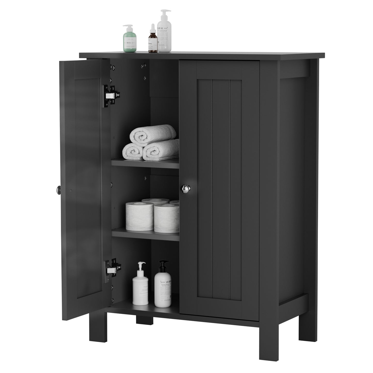 Farmhouse Bathroom Floor Cabinet with 2 Doors, Modern Storage Freestanding Organizer Cabinet with Adjustable Shelves, Small Bathroom Cabinet for Kitchen/Bathroom/Living Room, Black