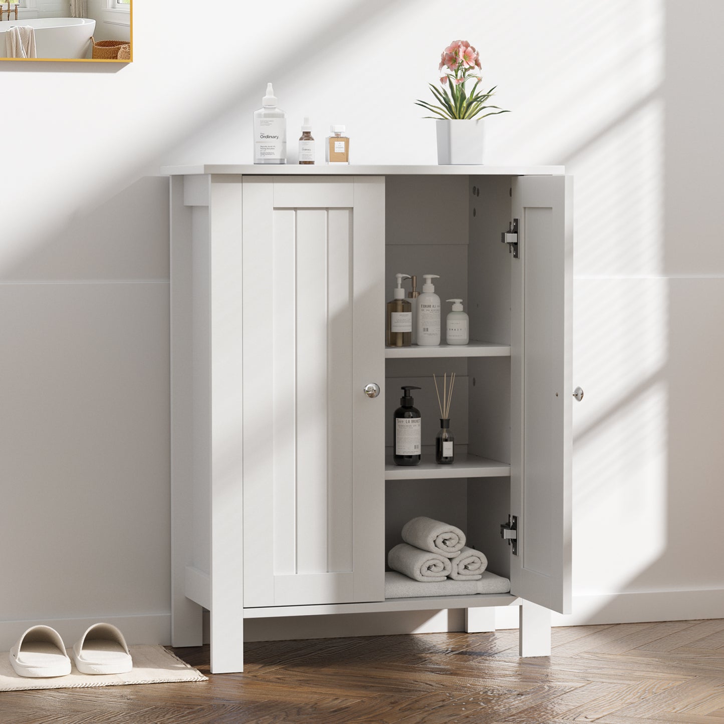 Farmhouse Bathroom Floor Cabinet with 2 Doors, Modern Storage Freestanding Organizer Cabinet with Adjustable Shelves, Small Bathroom Cabinet for Kitchen/Bathroom/Living Room, Black