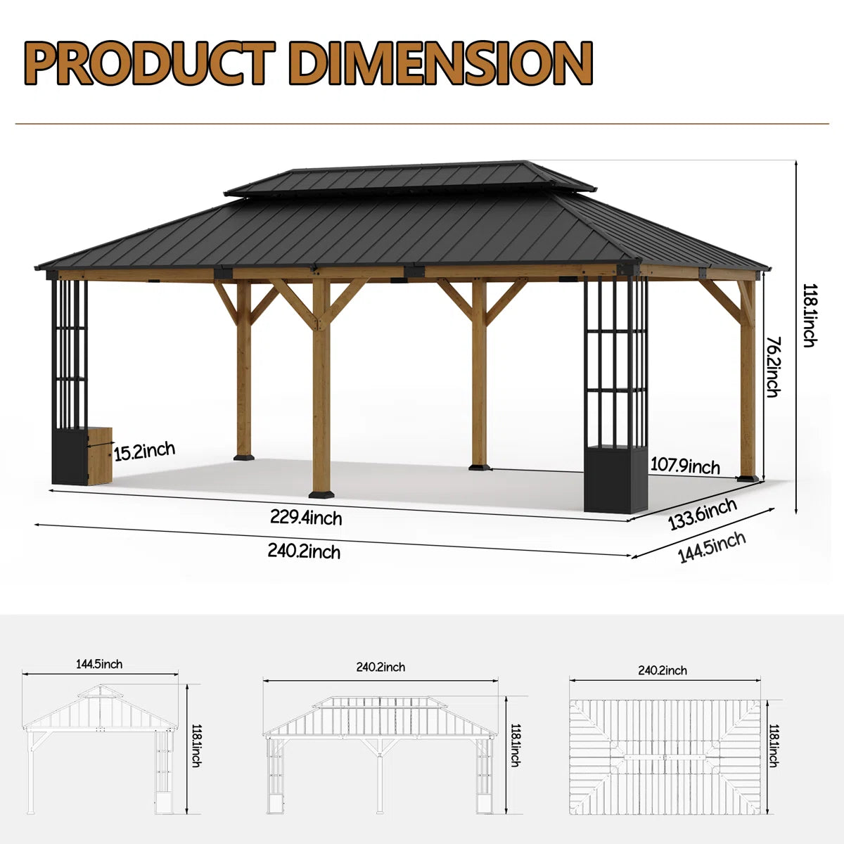 ALAULM 12×20 ft Solid Wood Gazebo, Grill Canopy Pergola, Featuring Double-Layer Iron Roof, Storage Cupboard and Ground Anchors