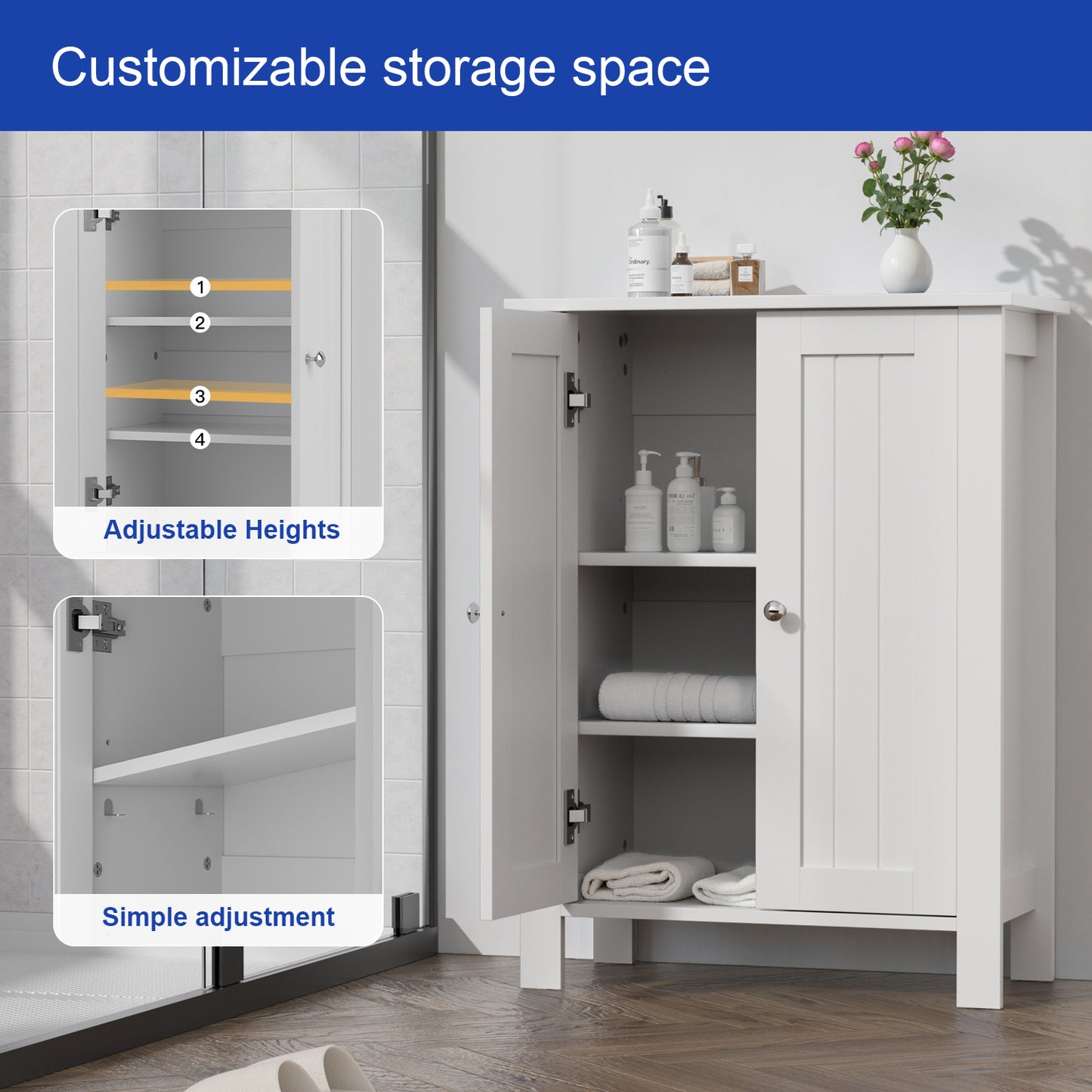 Farmhouse Bathroom Floor Cabinet with 2 Doors, Modern Storage Freestanding Organizer Cabinet with Adjustable Shelves, Small Bathroom Cabinet for Kitchen/Bathroom/Living Room, Black