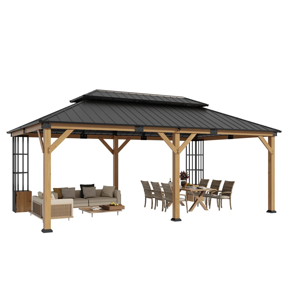 ALAULM 12×20 ft Solid Wood Gazebo, Grill Canopy Pergola, Featuring Double-Layer Iron Roof, Storage Cupboard and Ground Anchors