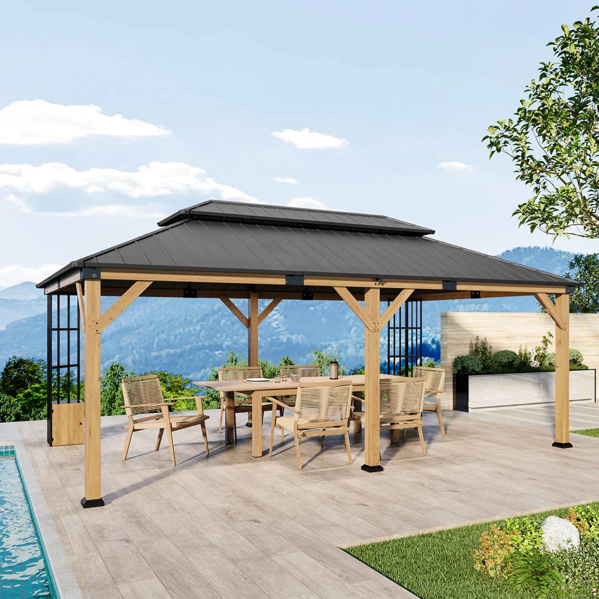 ALAULM 12×20 ft Solid Wood Gazebo, Grill Canopy Pergola, Featuring Double-Layer Iron Roof, Storage Cupboard and Ground Anchors