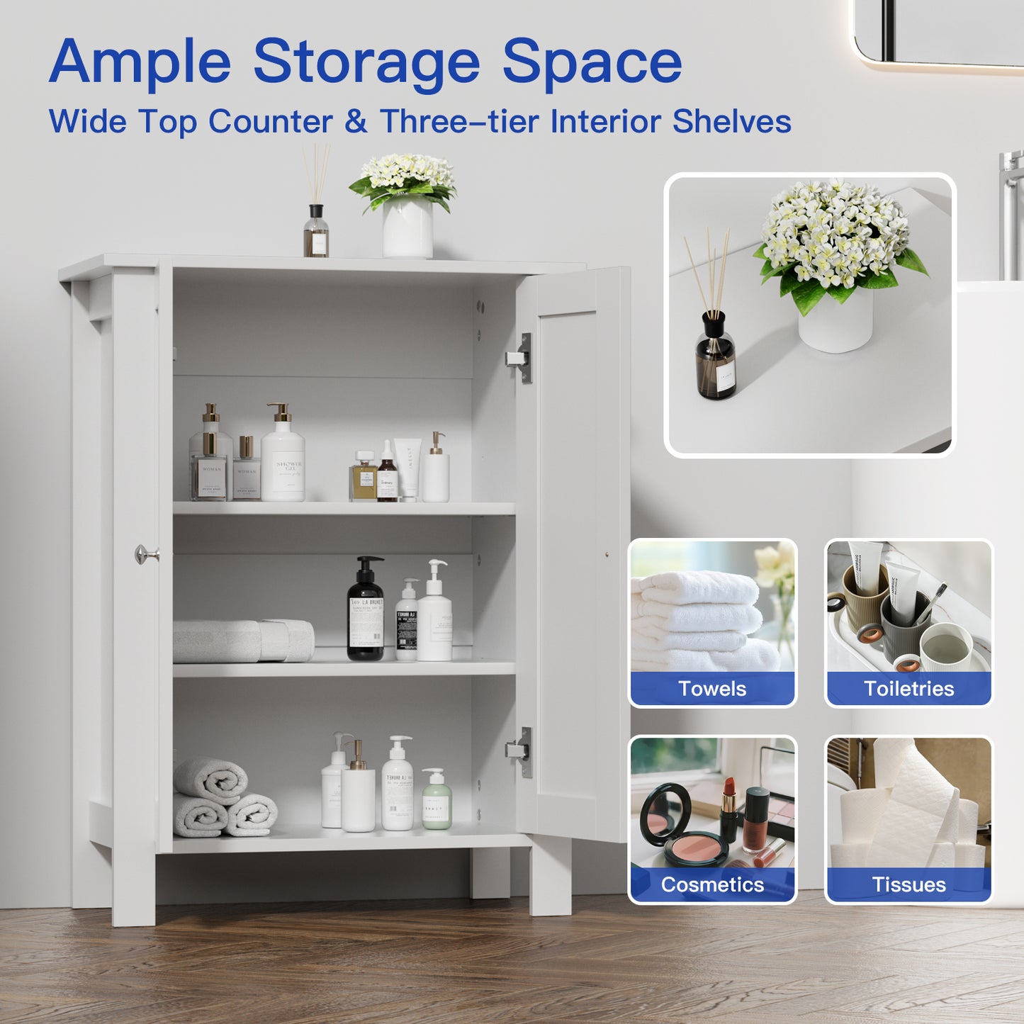 Farmhouse Bathroom Floor Cabinet with 2 Doors, Modern Storage Freestanding Organizer Cabinet with Adjustable Shelves, Small Bathroom Cabinet for Kitchen/Bathroom/Living Room, Black