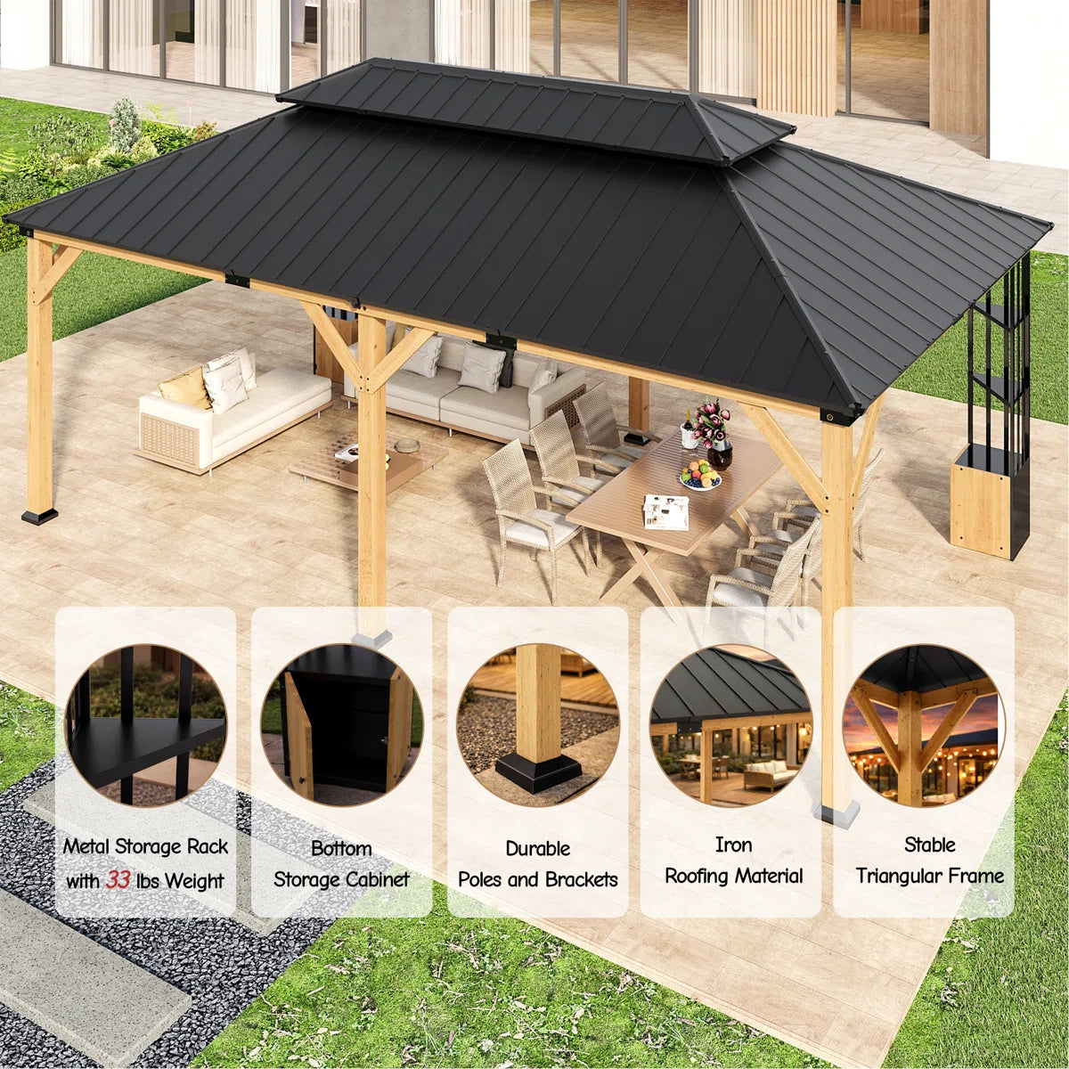 ALAULM 12×20 ft Solid Wood Gazebo, Grill Canopy Pergola, Featuring Double-Layer Iron Roof, Storage Cupboard and Ground Anchors