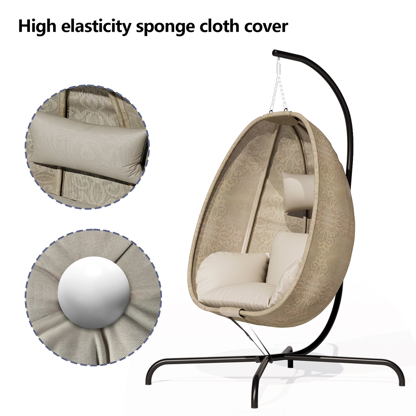 ALAULM Foldable Egg Chair with Stand, 485LBS Capacity Textilene Hammock Swing Chair for Outdoor & Indoor, Patio Hanging Chair with Strong Frame & UV Resistant Cushion for Balcony, Bedroom, Cream/D1