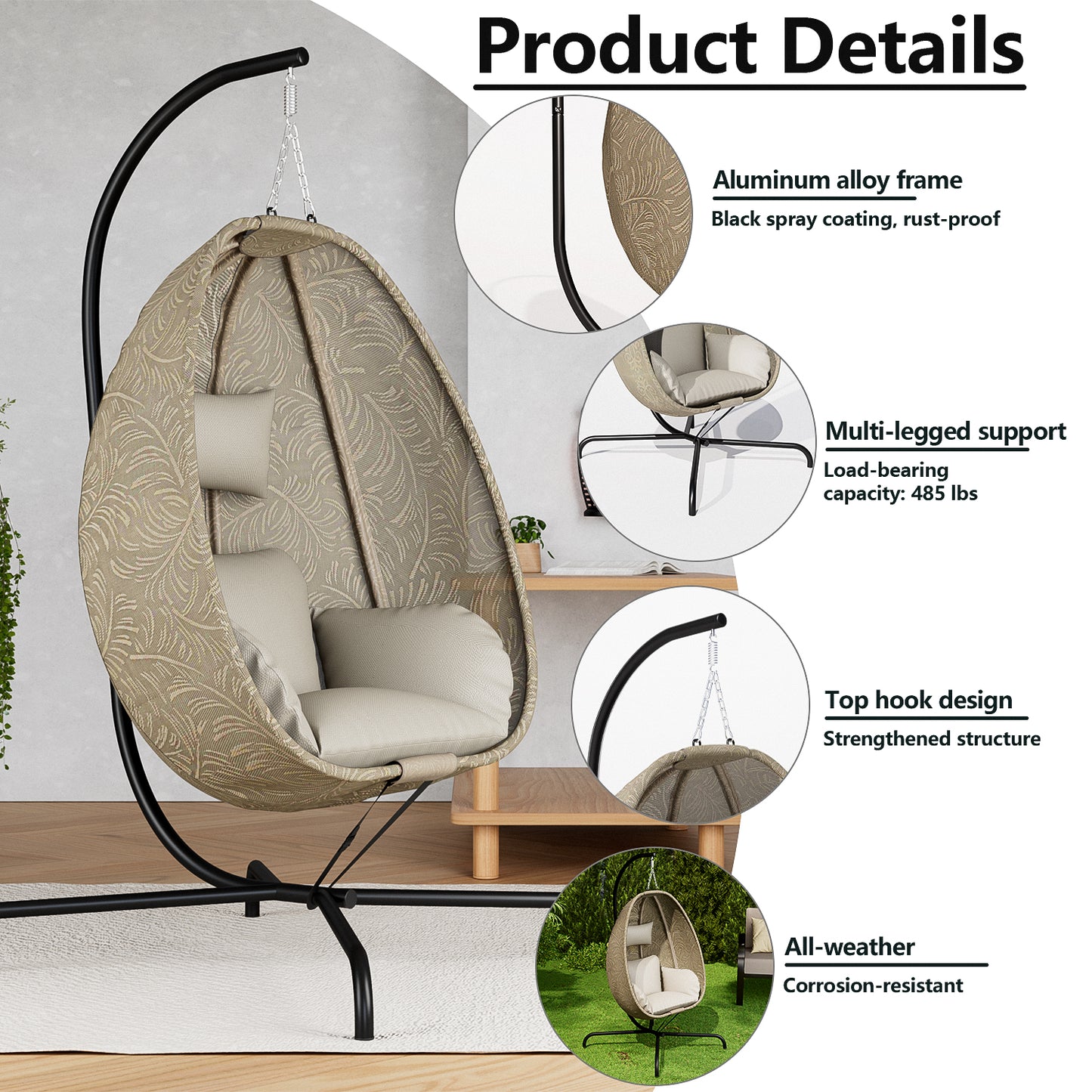 ALAULM Foldable Egg Chair with Stand, 485LBS Capacity Textilene Hammock Swing Chair for Outdoor & Indoor, Patio Hanging Chair with Strong Frame & UV Resistant Cushion for Balcony, Bedroom, Cream/D1