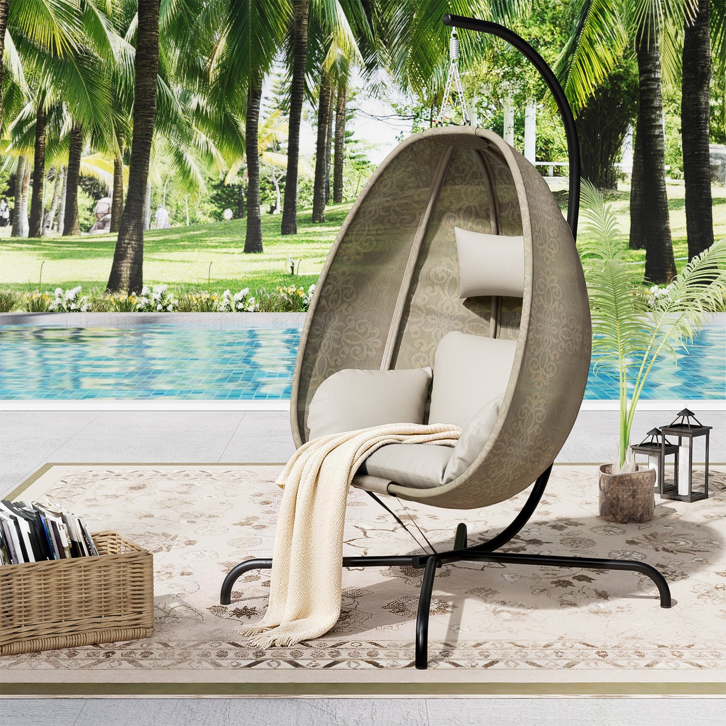 ALAULM Foldable Egg Chair with Stand, 485LBS Capacity Textilene Hammock Swing Chair for Outdoor & Indoor, Patio Hanging Chair with Strong Frame & UV Resistant Cushion for Balcony, Bedroom, Cream/D1