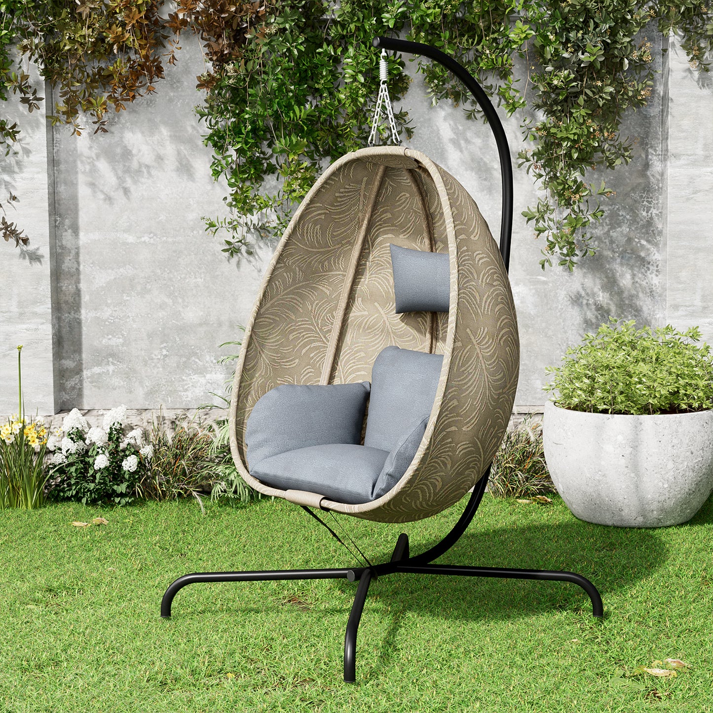 ALAULM Foldable Egg Chair with Stand, 485LBS Capacity Textilene Hammock Swing Chair for Outdoor & Indoor, Patio Hanging Chair with Strong Frame & UV Resistant Cushion for Balcony, Bedroom, Cream/D1