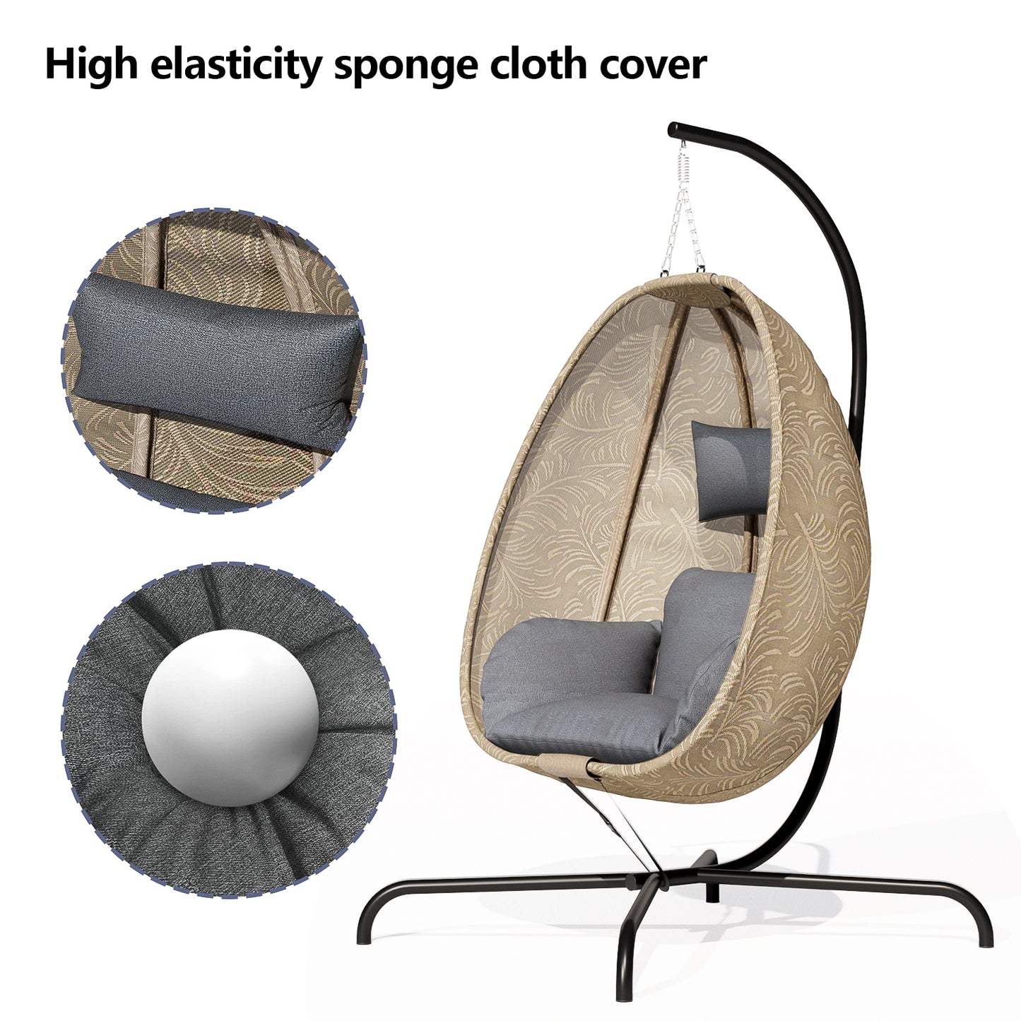 ALAULM Foldable Egg Chair with Stand, 485LBS Capacity Textilene Hammock Swing Chair for Outdoor & Indoor, Patio Hanging Chair with Strong Frame & UV Resistant Cushion for Balcony, Bedroom, Cream/D1