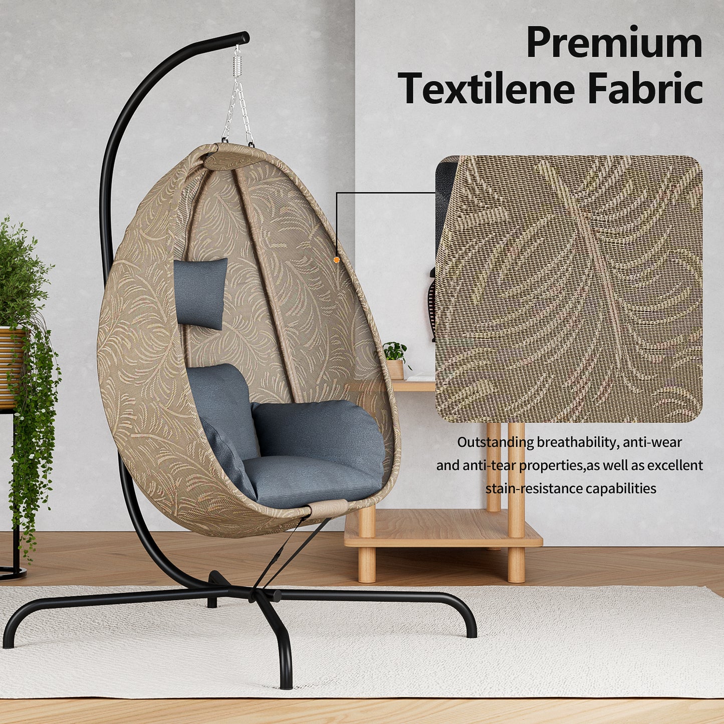 ALAULM Foldable Egg Chair with Stand, 485LBS Capacity Textilene Hammock Swing Chair for Outdoor & Indoor, Patio Hanging Chair with Strong Frame & UV Resistant Cushion for Balcony, Bedroom, Cream/D1